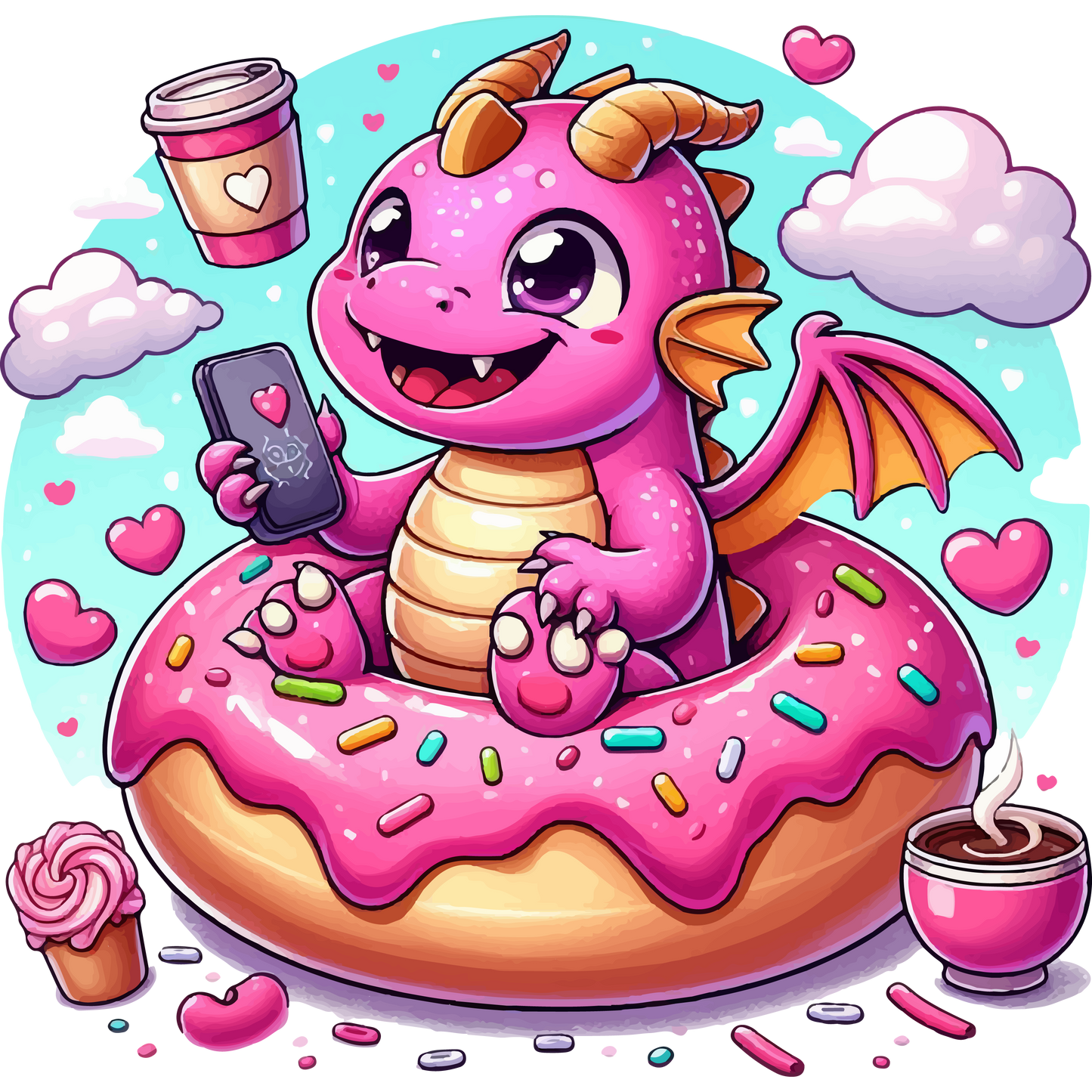 Pink Dragon - Loving Coffee and Donuts - Lightweight Zip Hoodie