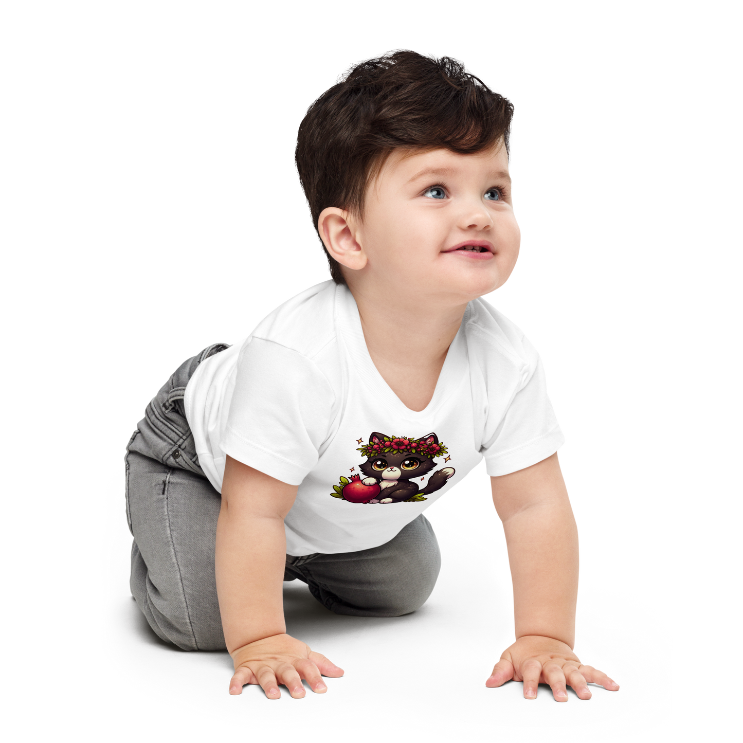 Black Kitten with Red Flowers - Baby Tee