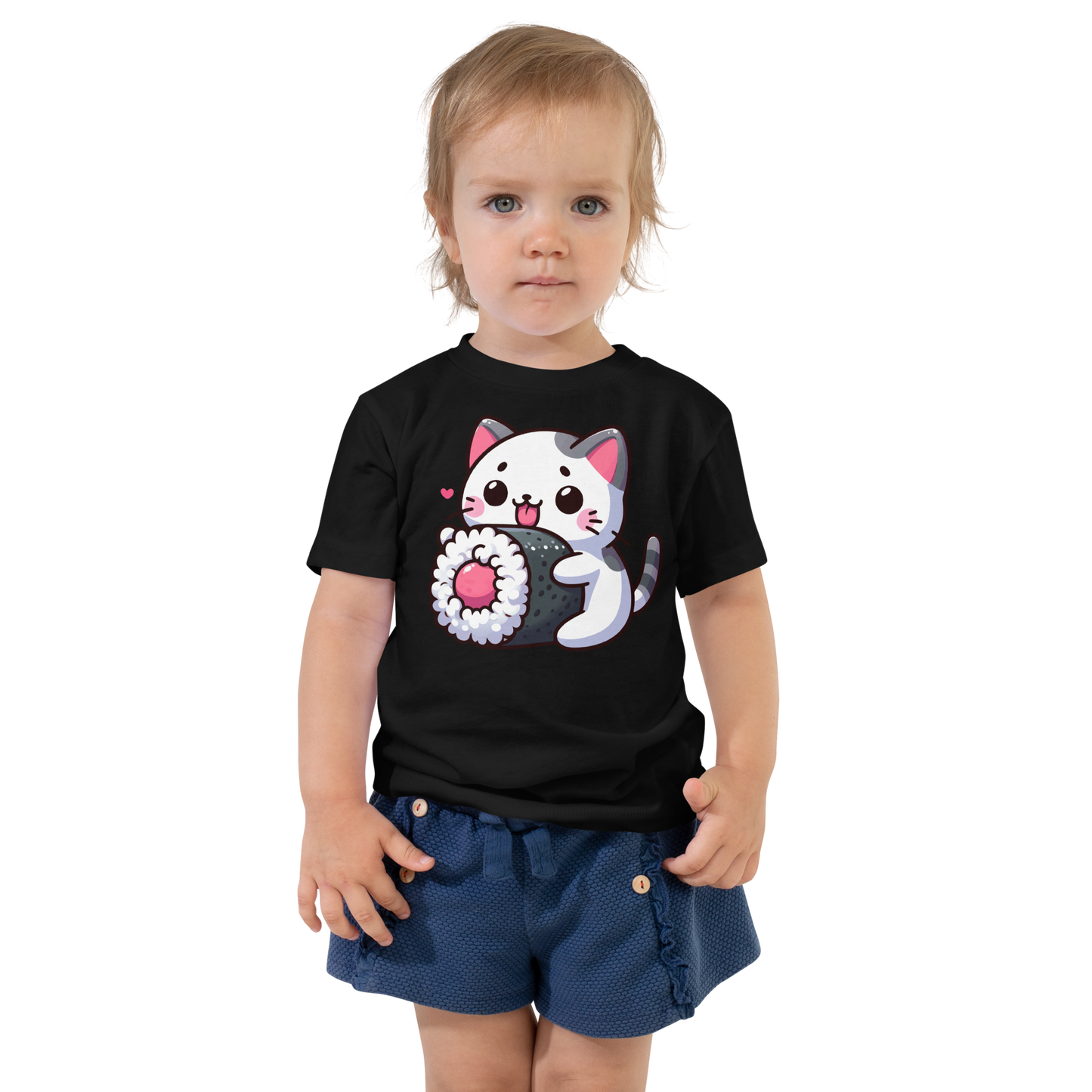 Black and Grey Kitten - Eating Sushi - Toddler Tee