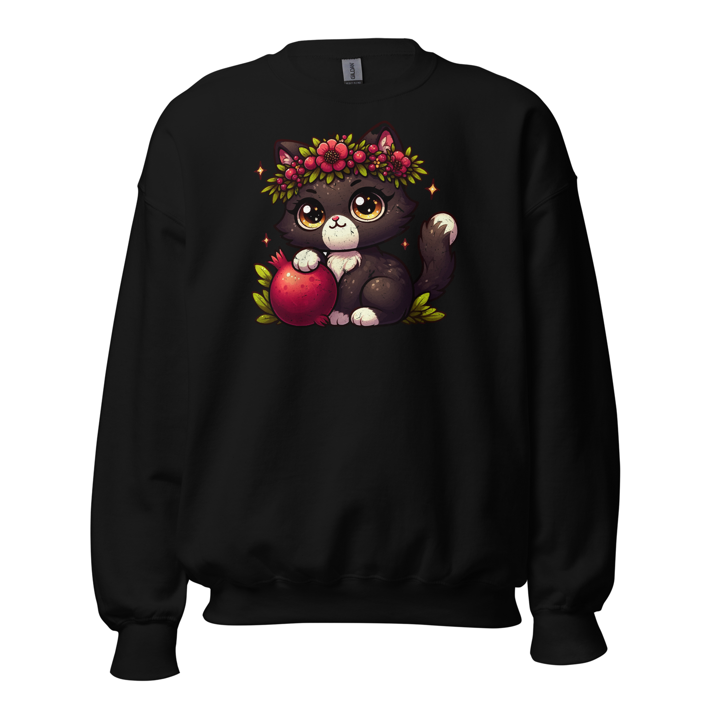 Black Kitten with Red Flowers - Preshrunk Sweatshirt