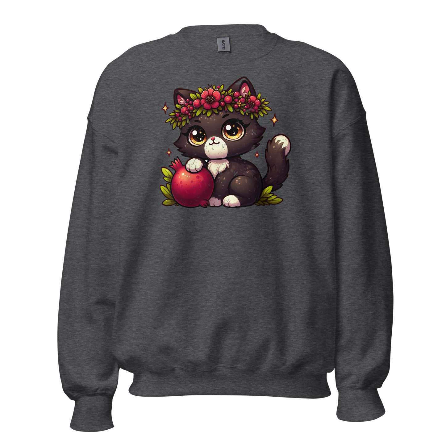 Black Kitten with Red Flowers - Preshrunk Sweatshirt