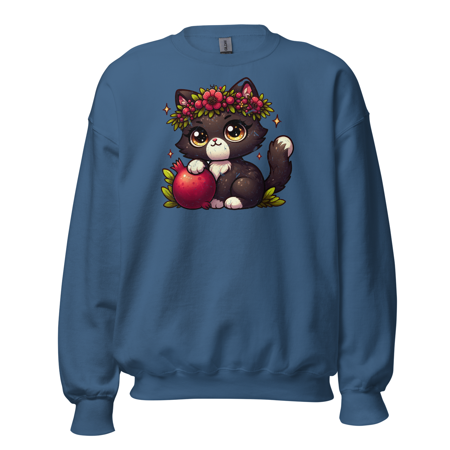 Black Kitten with Red Flowers - Preshrunk Sweatshirt