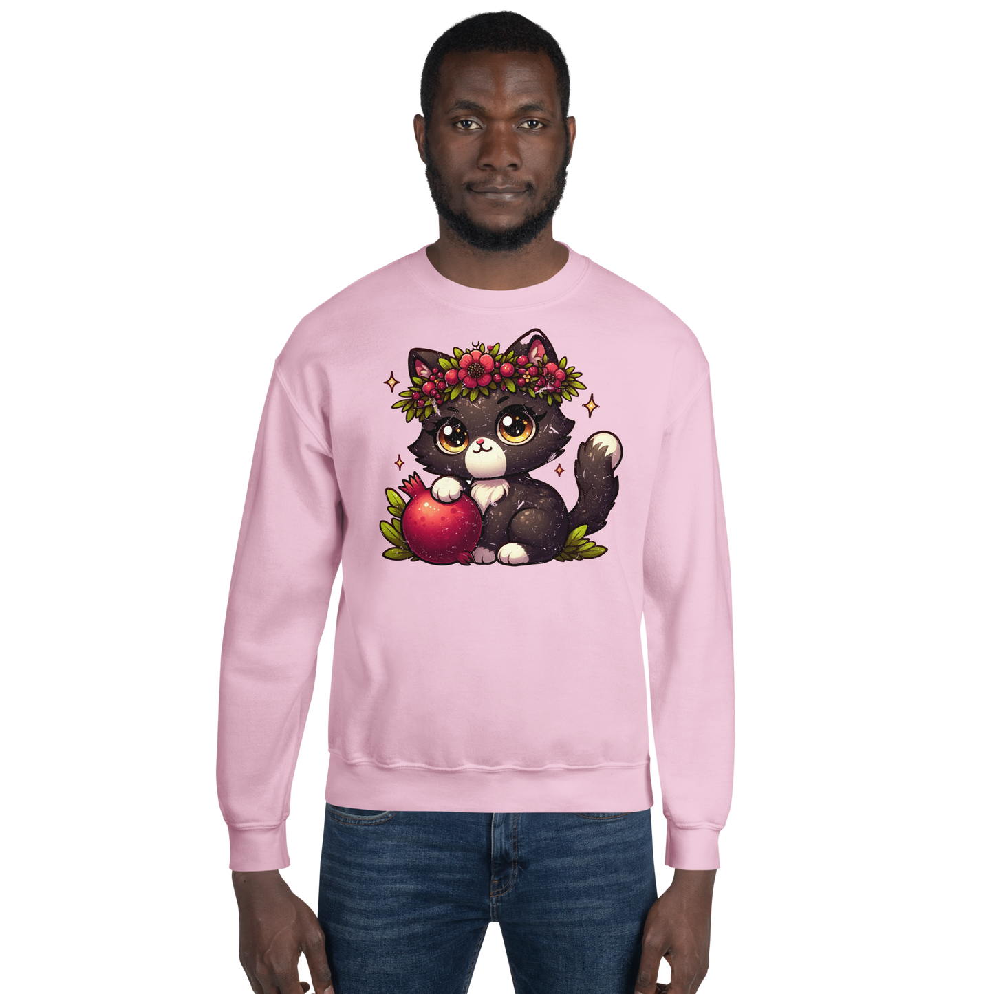Black Kitten with Red Flowers - Preshrunk Sweatshirt