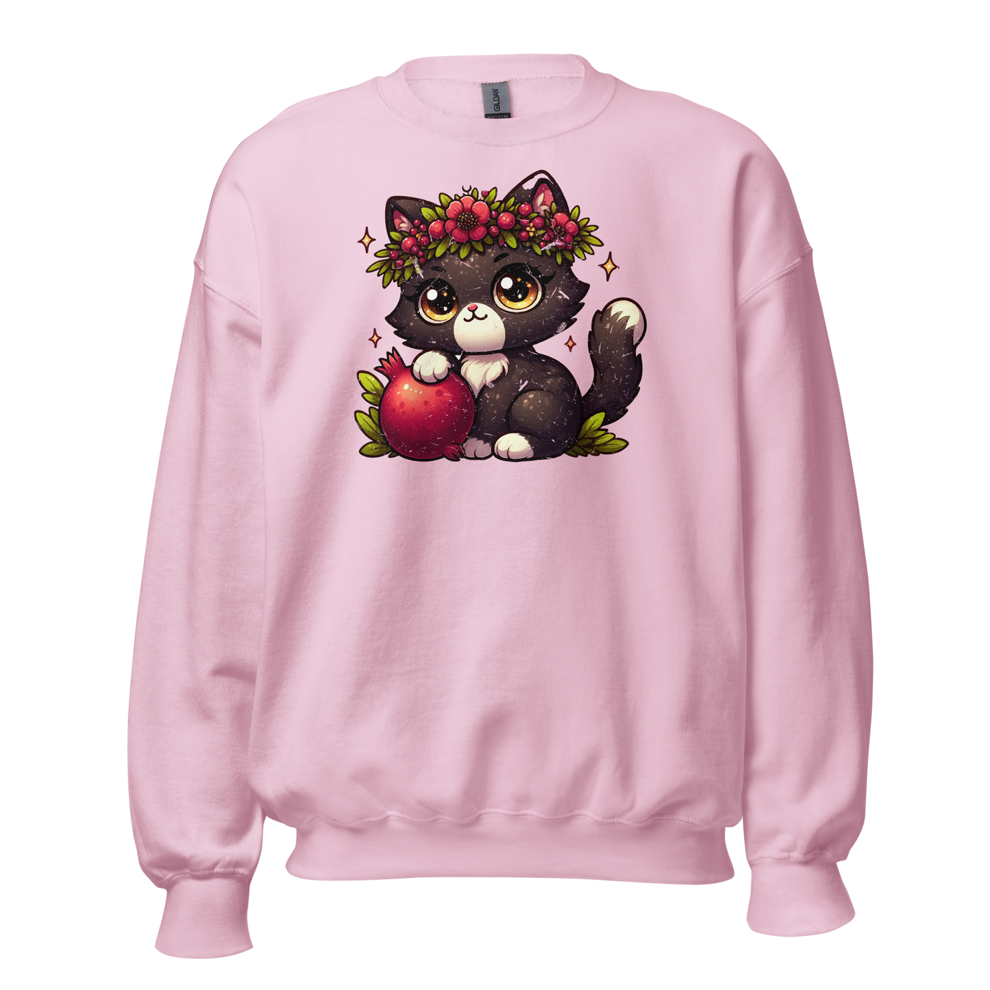Black Kitten with Red Flowers - Preshrunk Sweatshirt