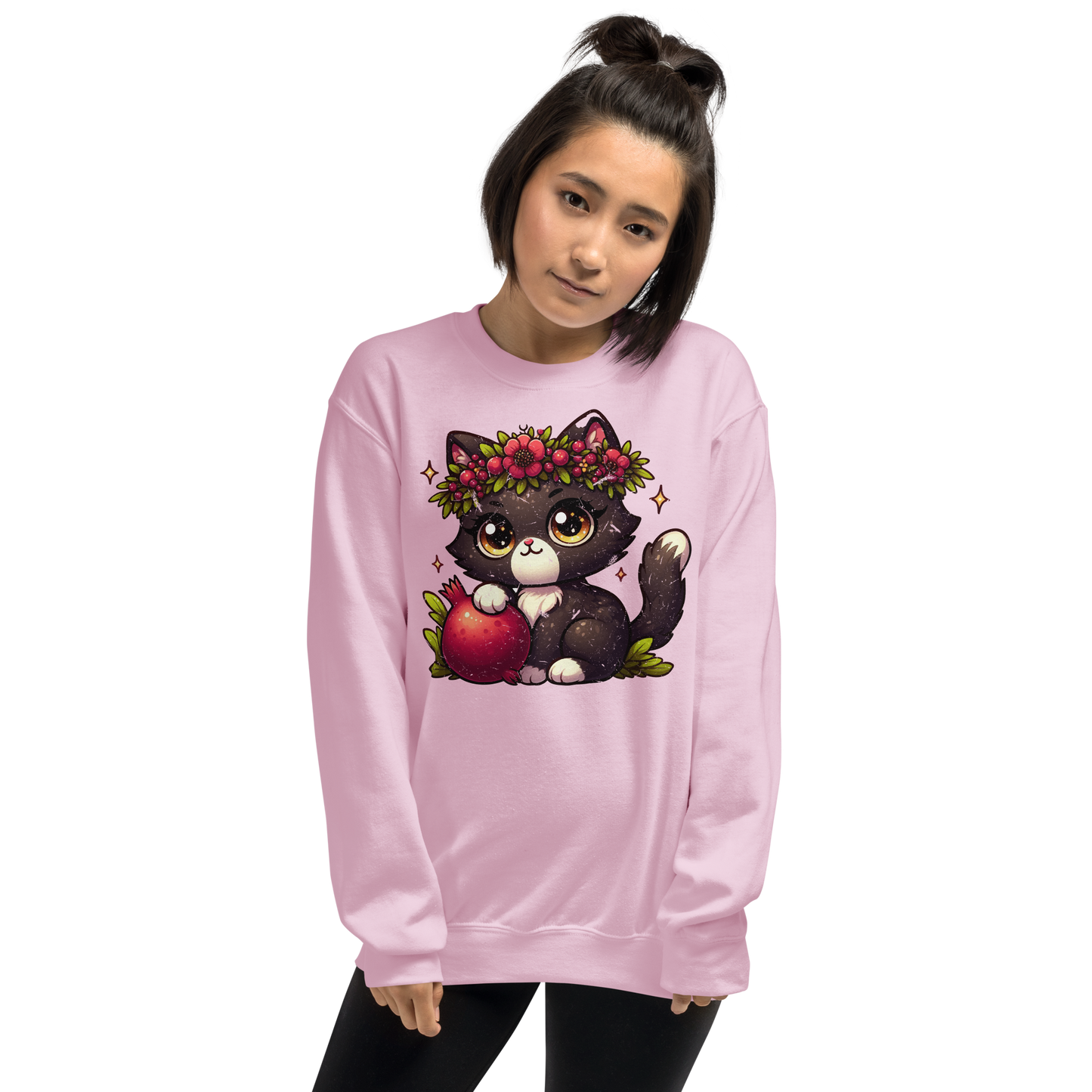 Black Kitten with Red Flowers - Preshrunk Sweatshirt
