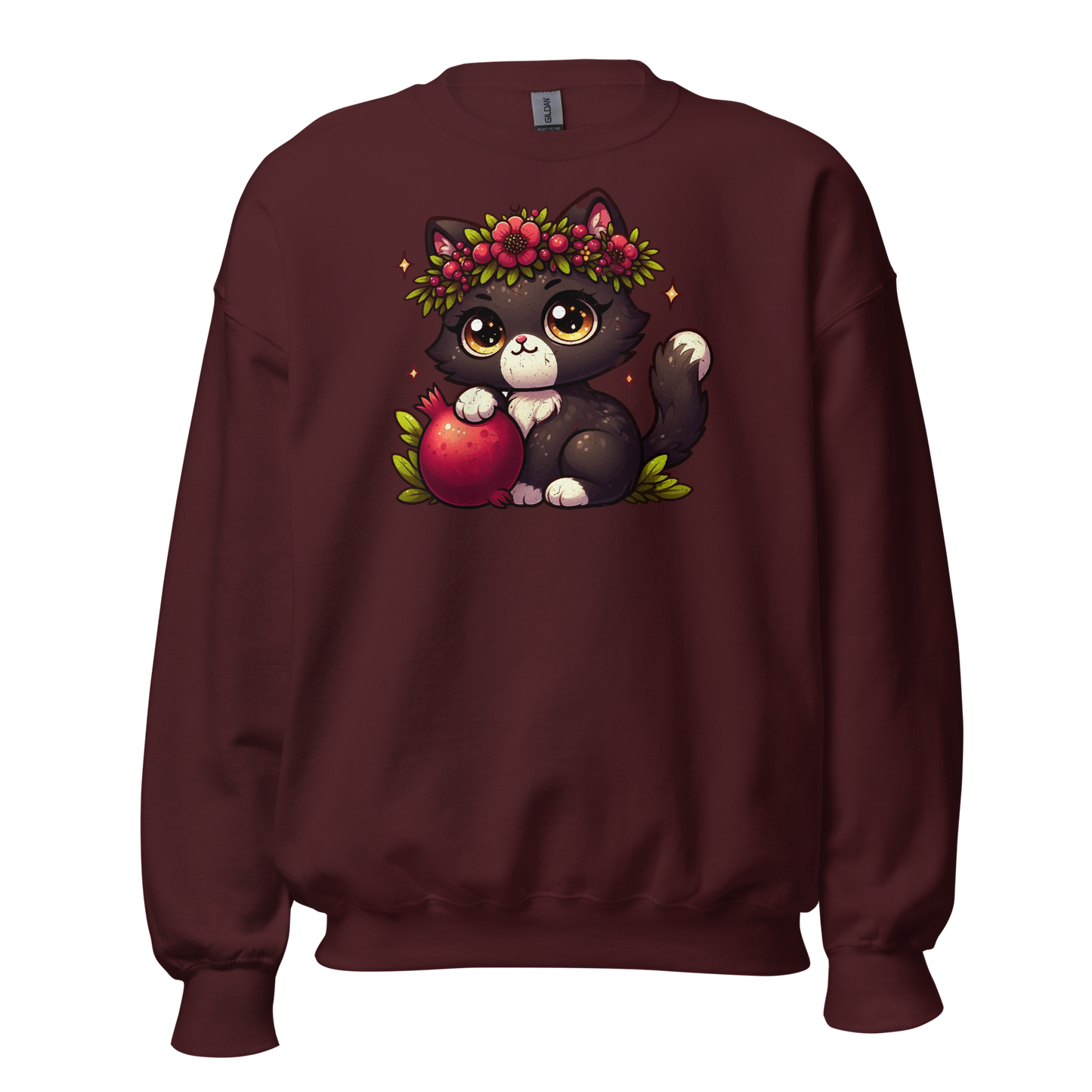 Black Kitten with Red Flowers - Preshrunk Sweatshirt