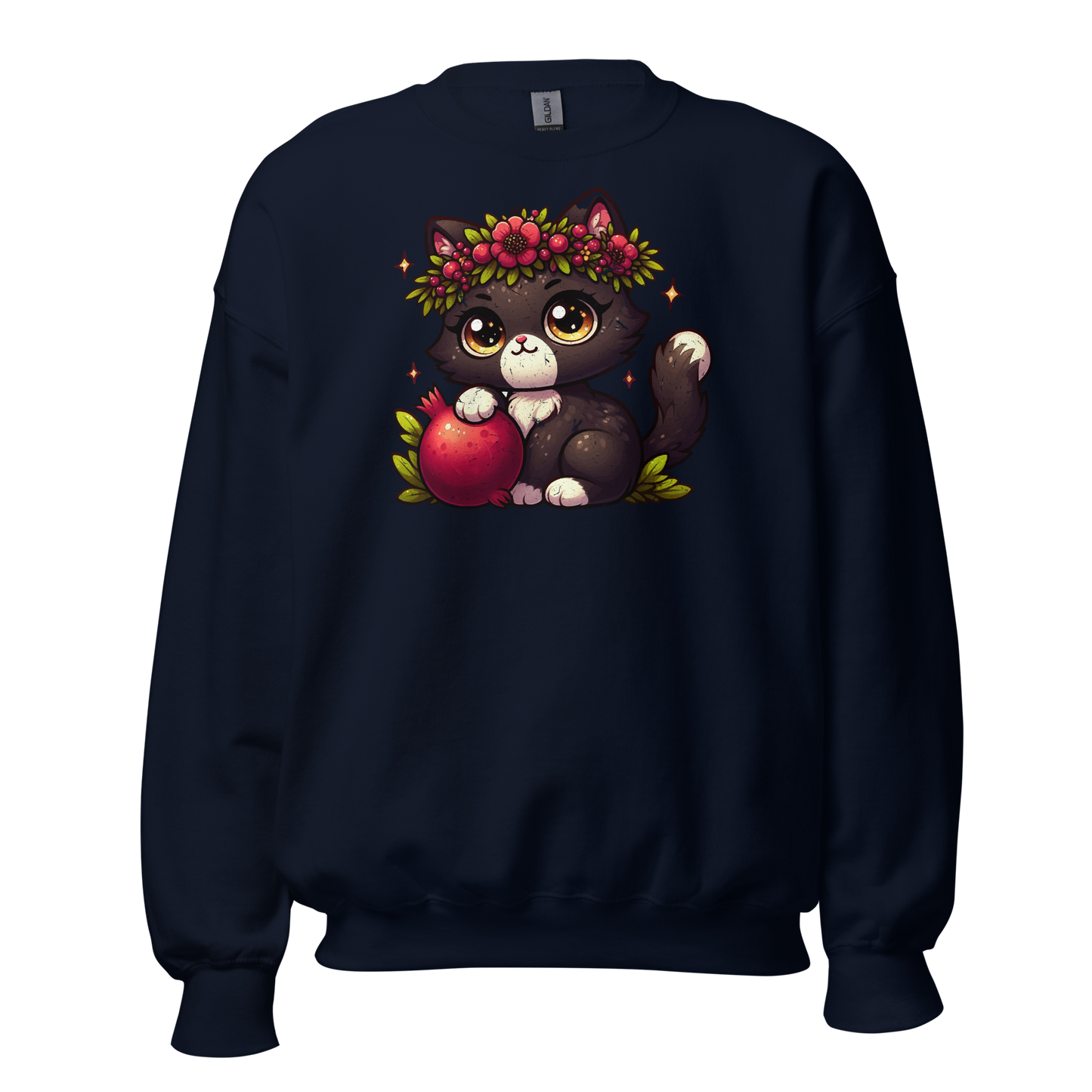 Black Kitten with Red Flowers - Preshrunk Sweatshirt