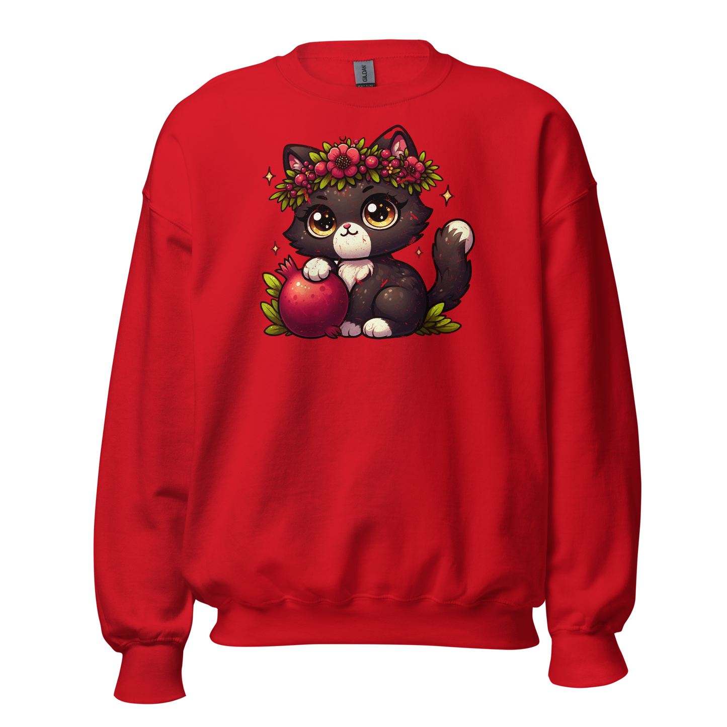Black Kitten with Red Flowers - Preshrunk Sweatshirt