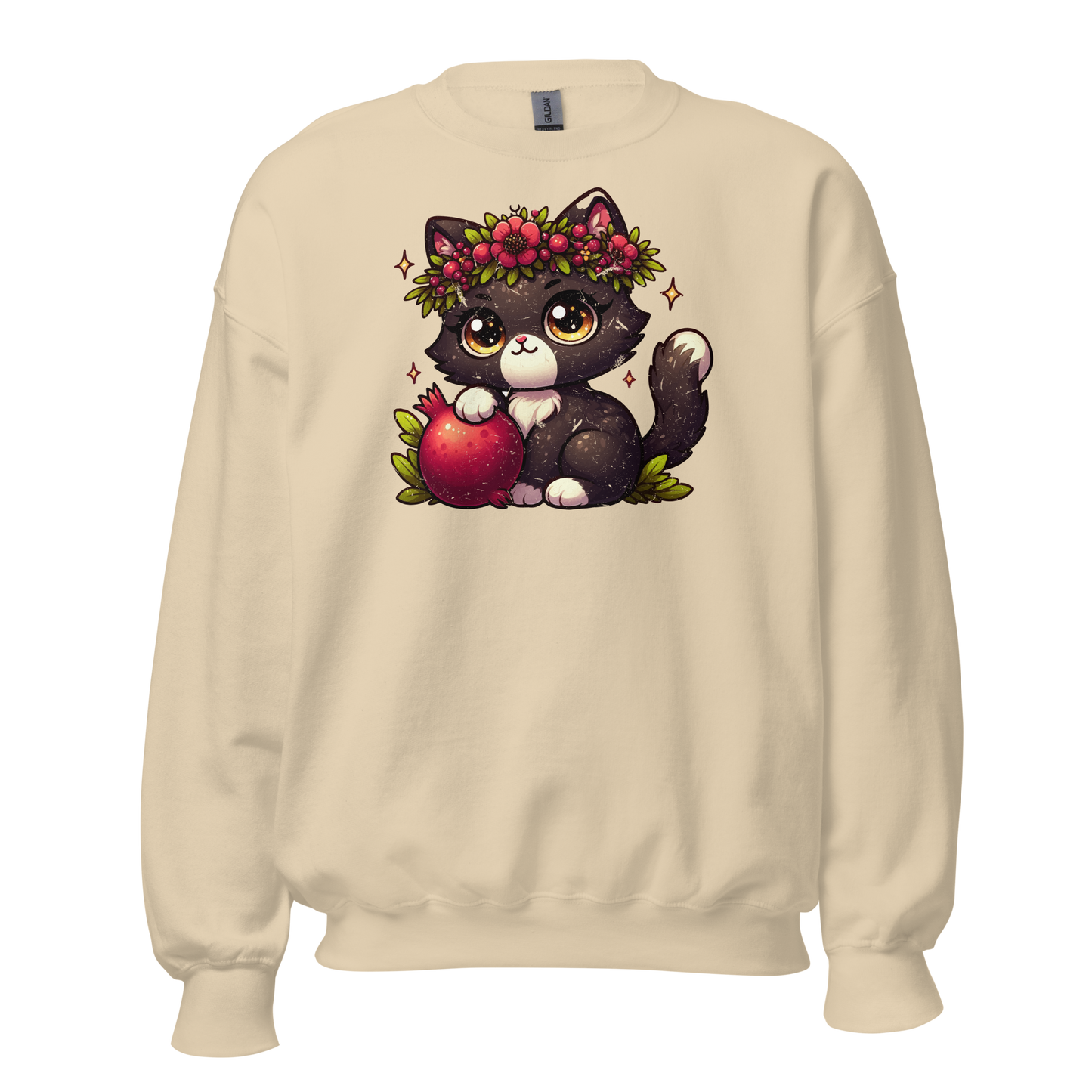 Black Kitten with Red Flowers - Preshrunk Sweatshirt