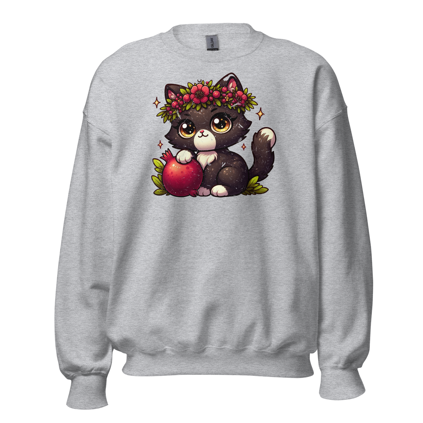 Black Kitten with Red Flowers - Preshrunk Sweatshirt