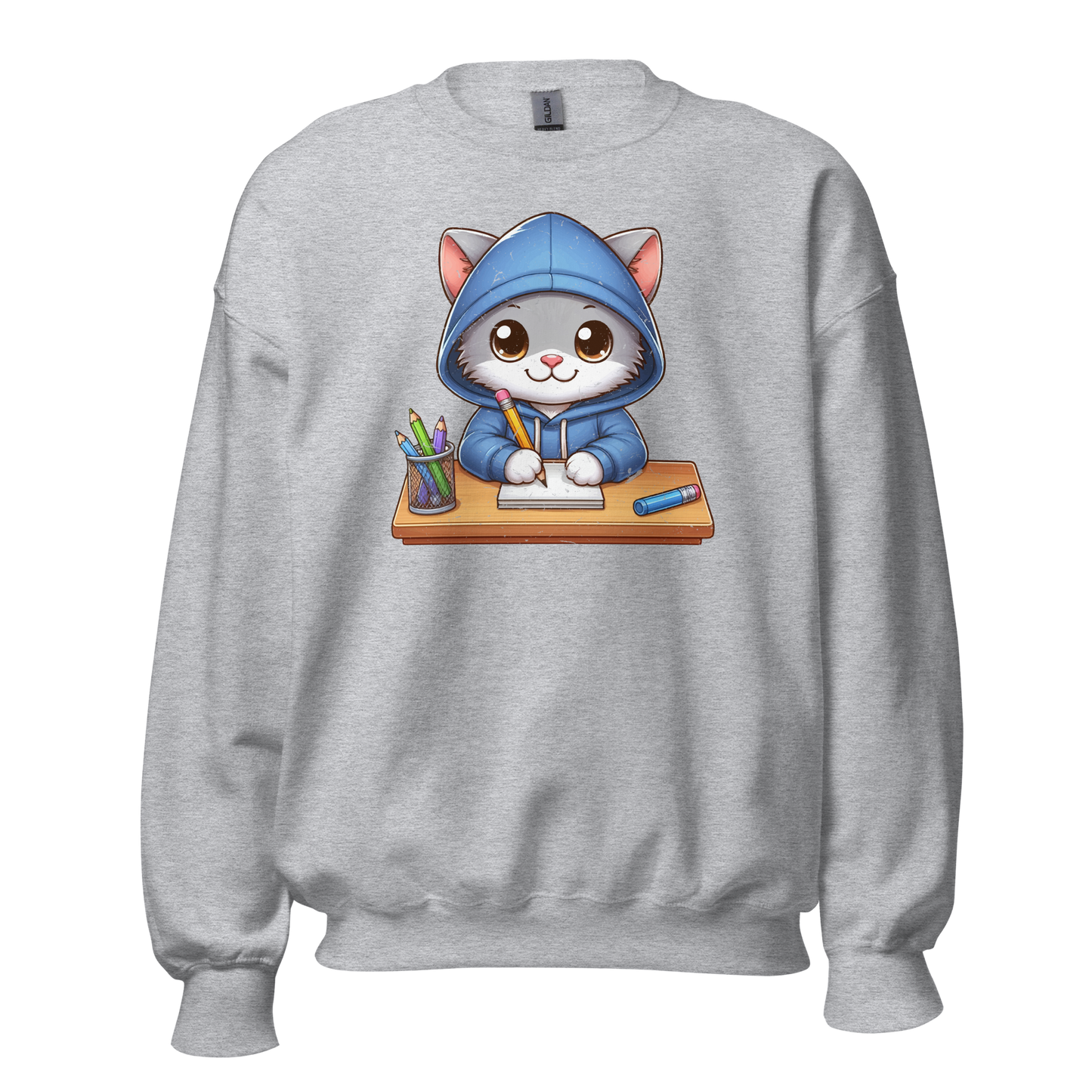 Grey Kitten Doing School - Preshrunk Sweatshirt