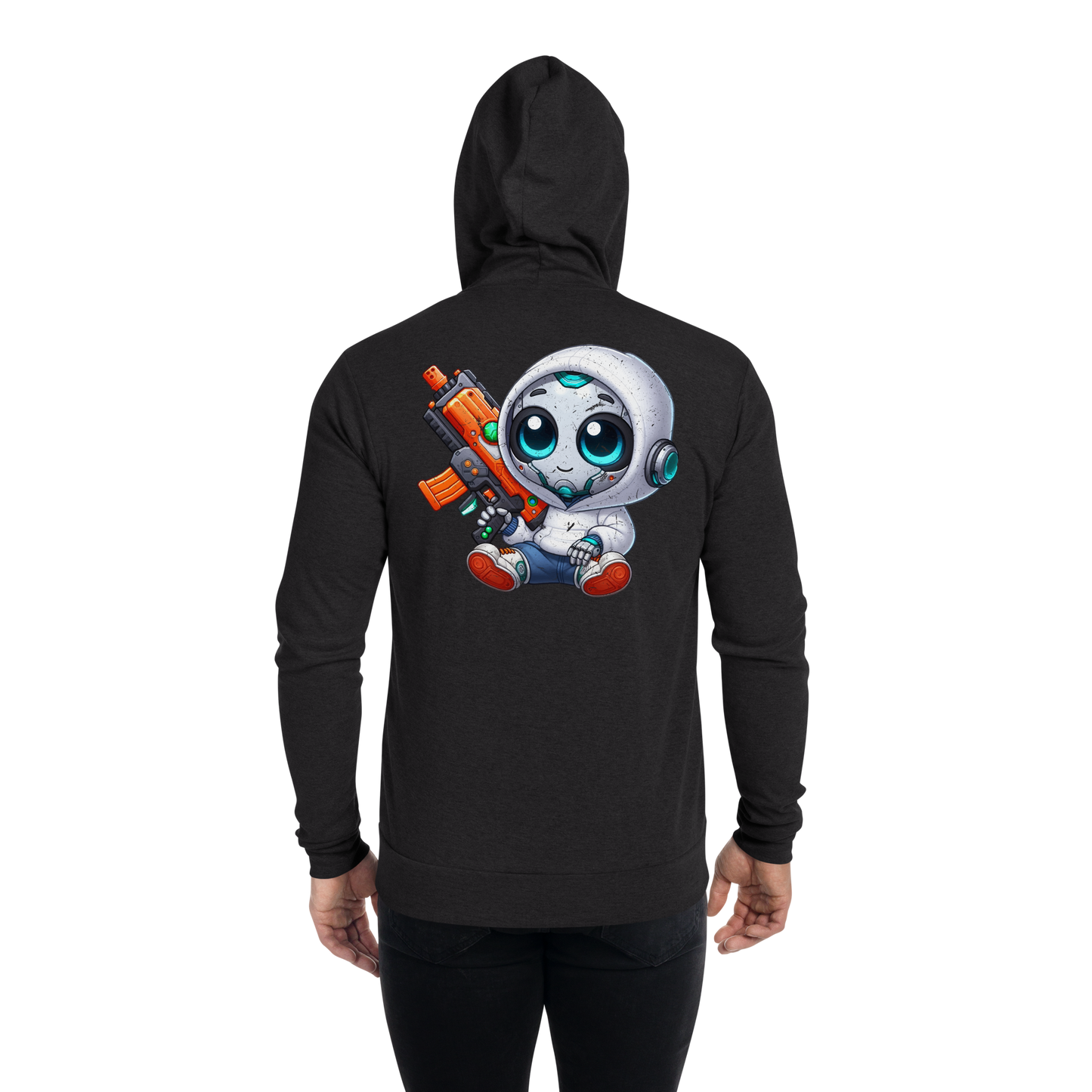 White Robot with Foam Dart Blaster - Lightweight Zip Hoodie
