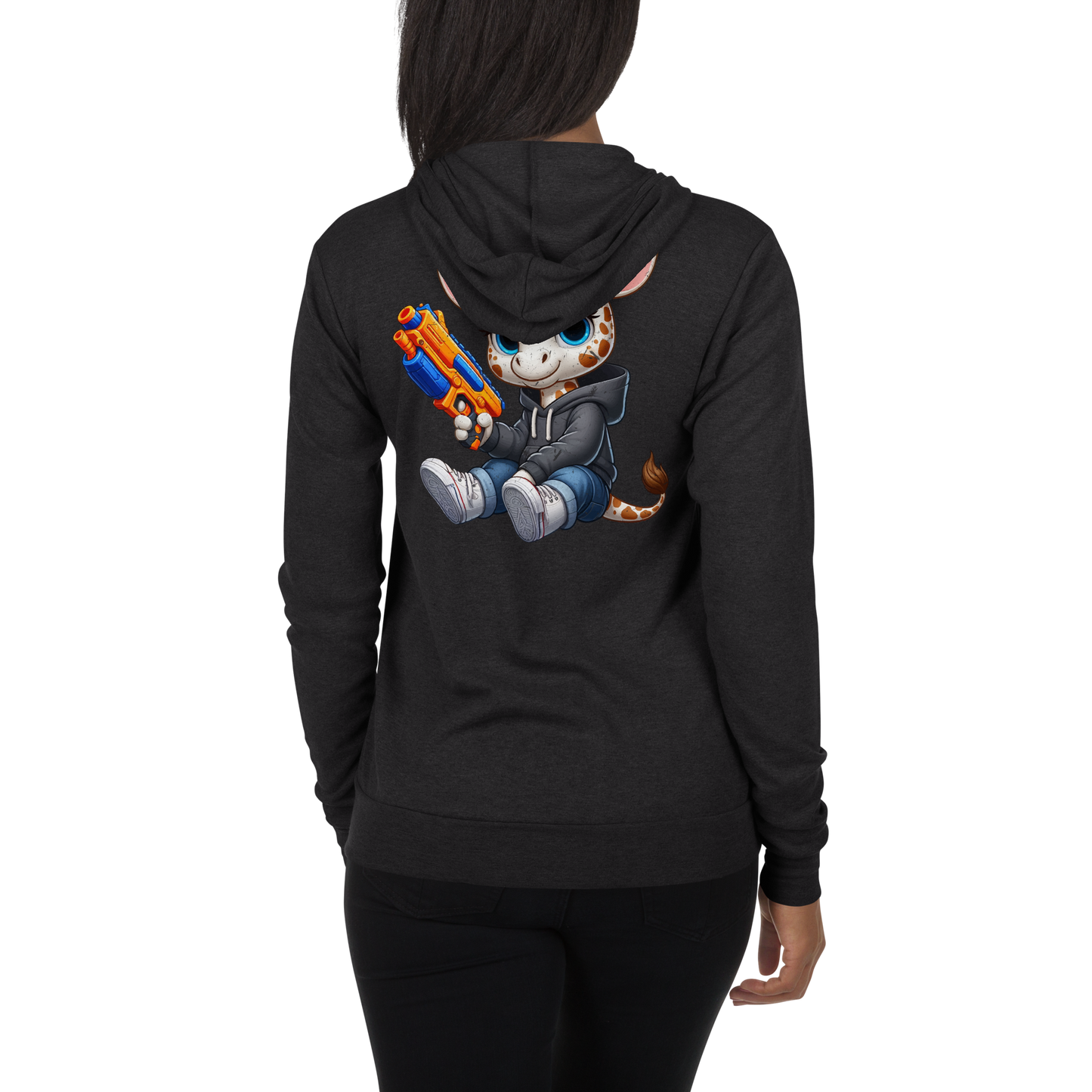 White Giraffe with Foam Dart Blaster - Lightweight Zip Hoodie
