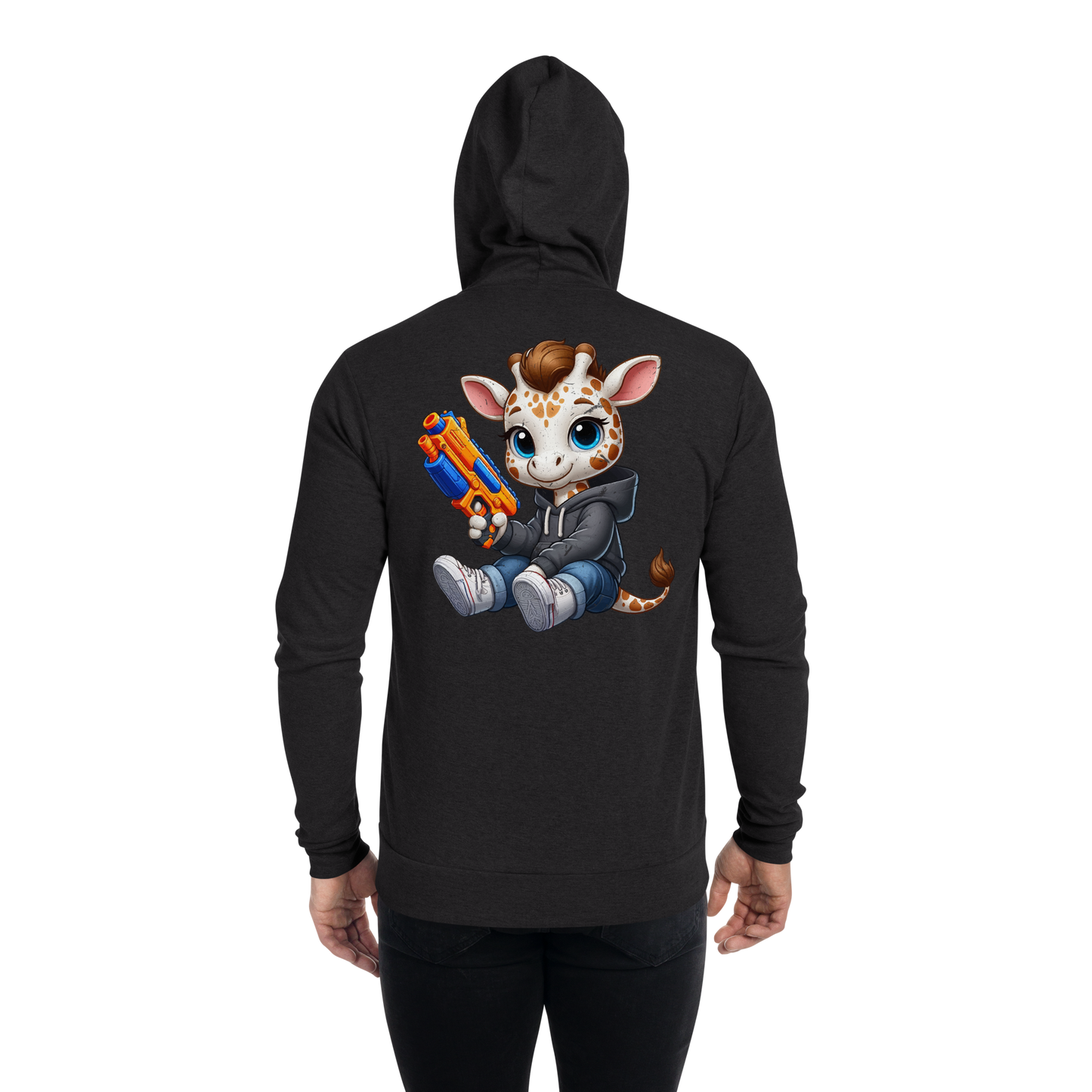 White Giraffe with Foam Dart Blaster - Lightweight Zip Hoodie