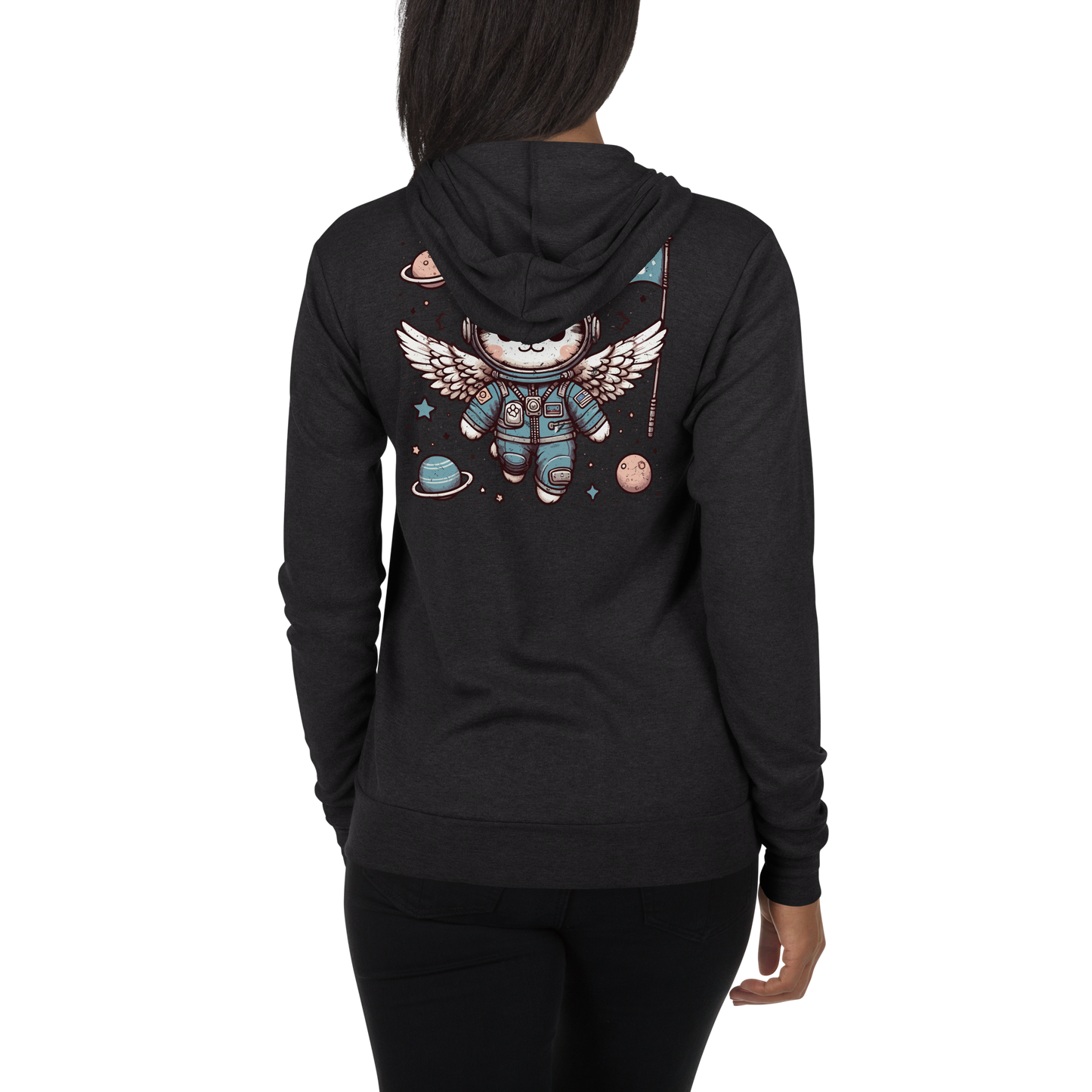 Space Kitten with Wings - Lightweight Zip Hoodie