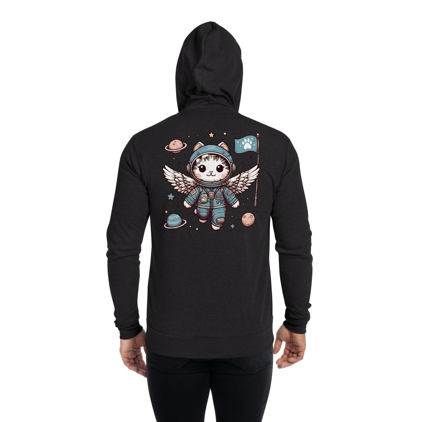 Space Kitten with Wings - Lightweight Zip Hoodie