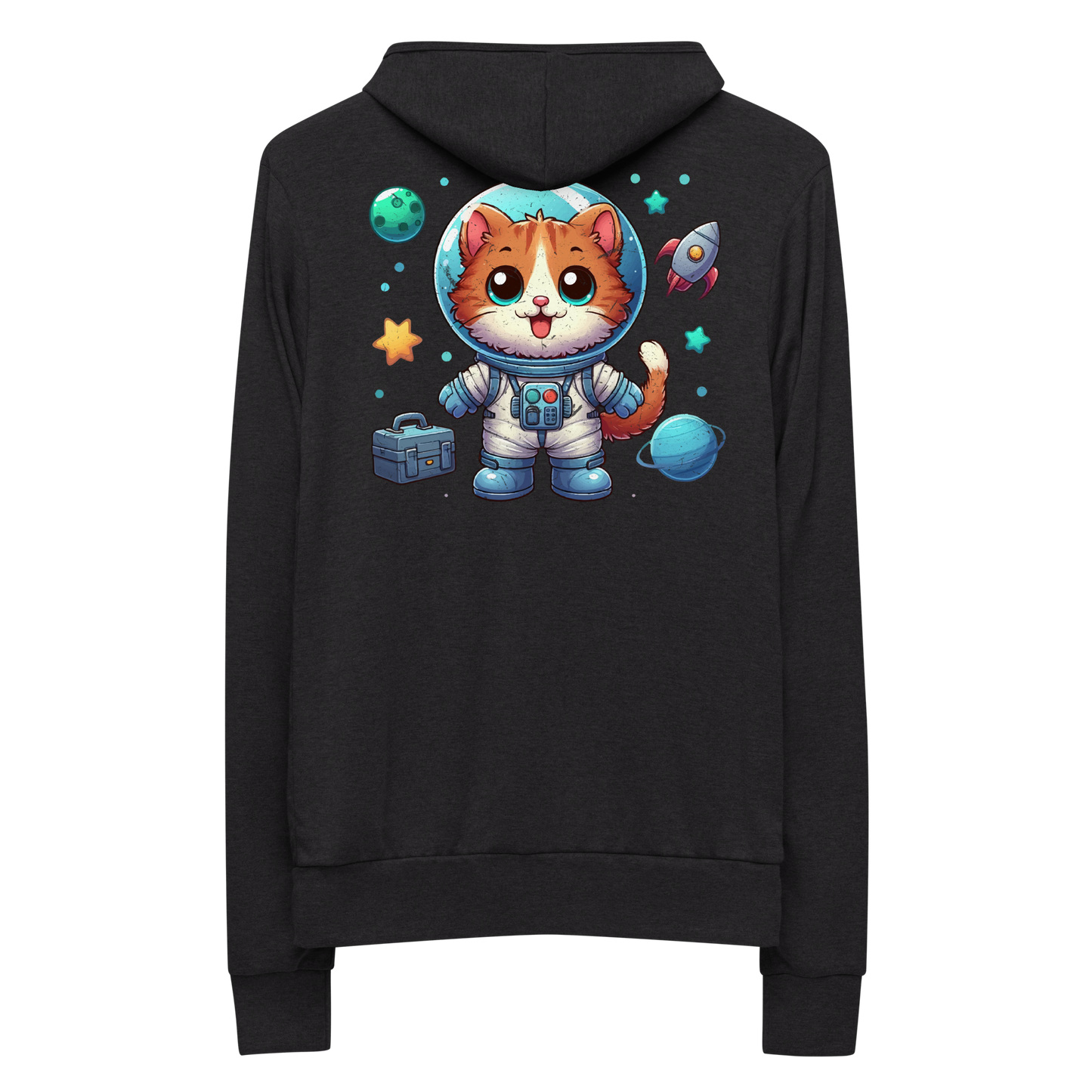 Space Kitten with Planets - Lightweight Zip Hoodie