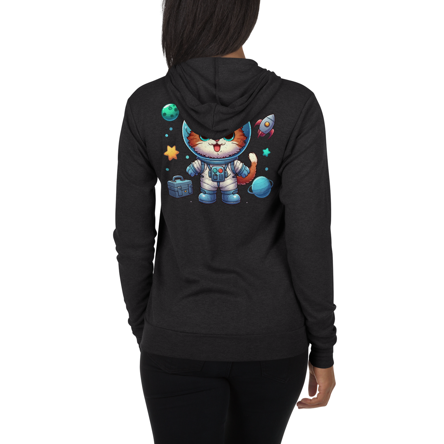 Space Kitten with Planets - Lightweight Zip Hoodie