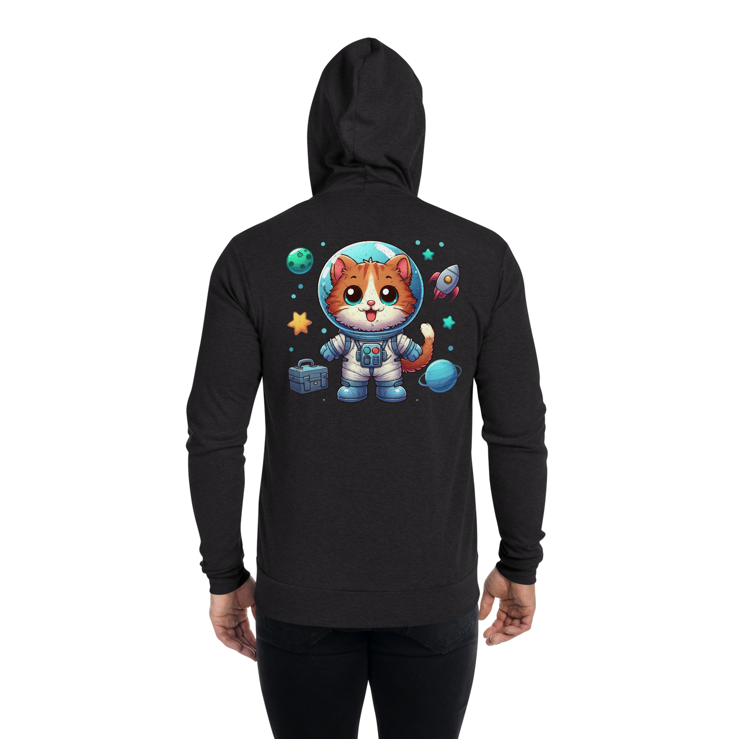 Space Kitten with Planets - Lightweight Zip Hoodie