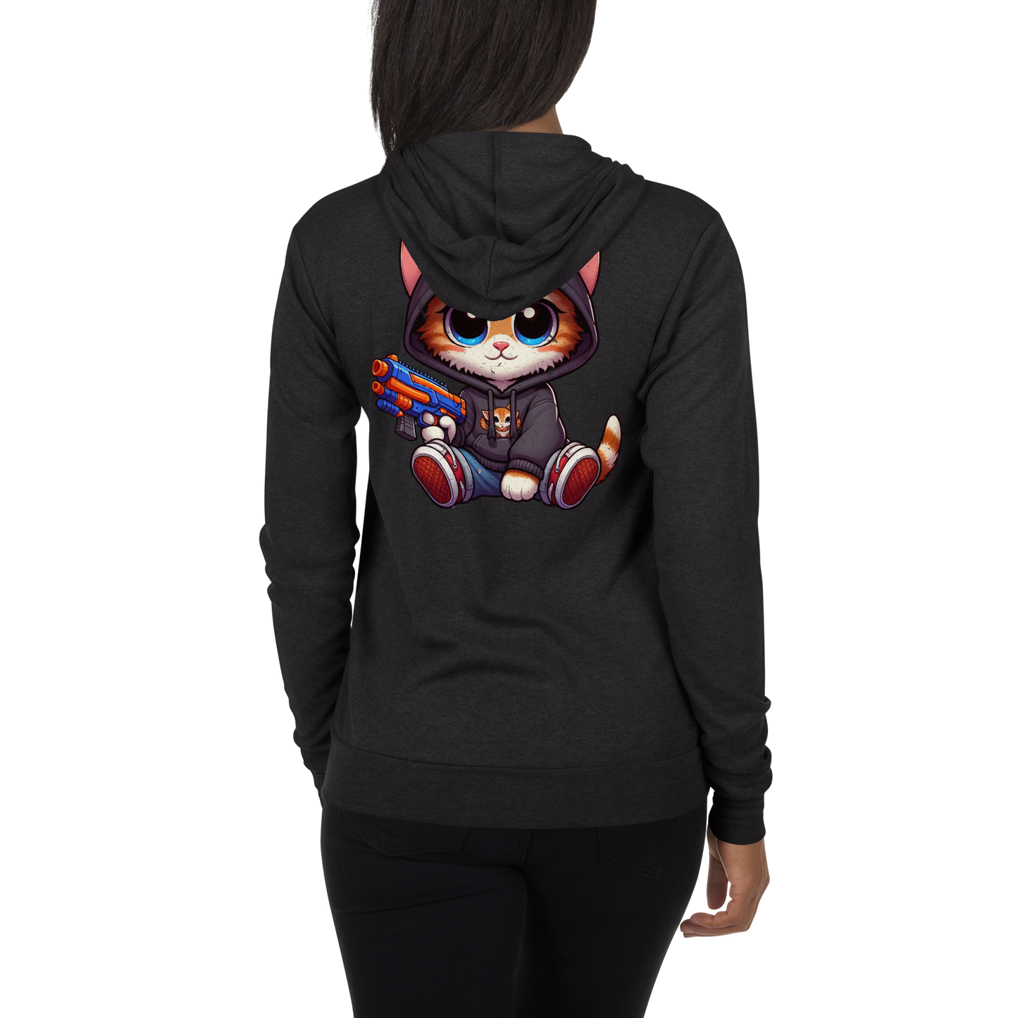 Orange Kitten with Foam Dart Blaster - Lightweight Zip Hoodie
