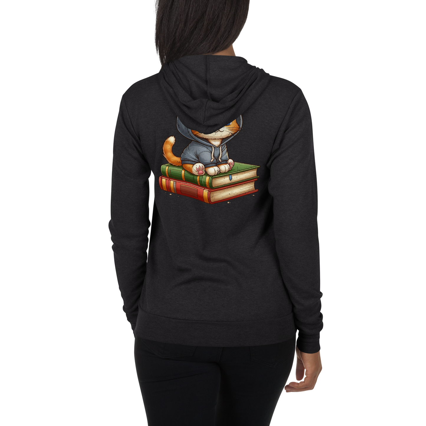 Orange Kitten - Sitting on Books - Lightweight Zip Hoodie