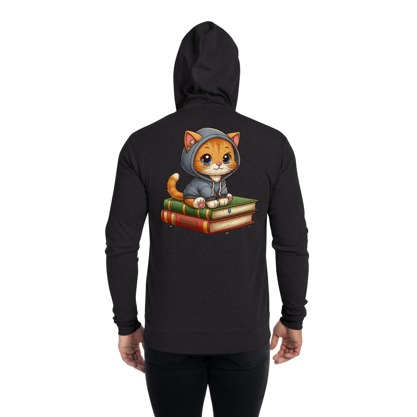 Orange Kitten - Sitting on Books - Lightweight Zip Hoodie
