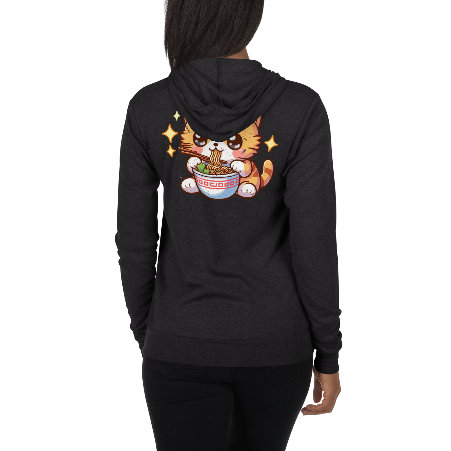 Orange Kitten - Eating Ramen - Lightweight Zip Hoodie