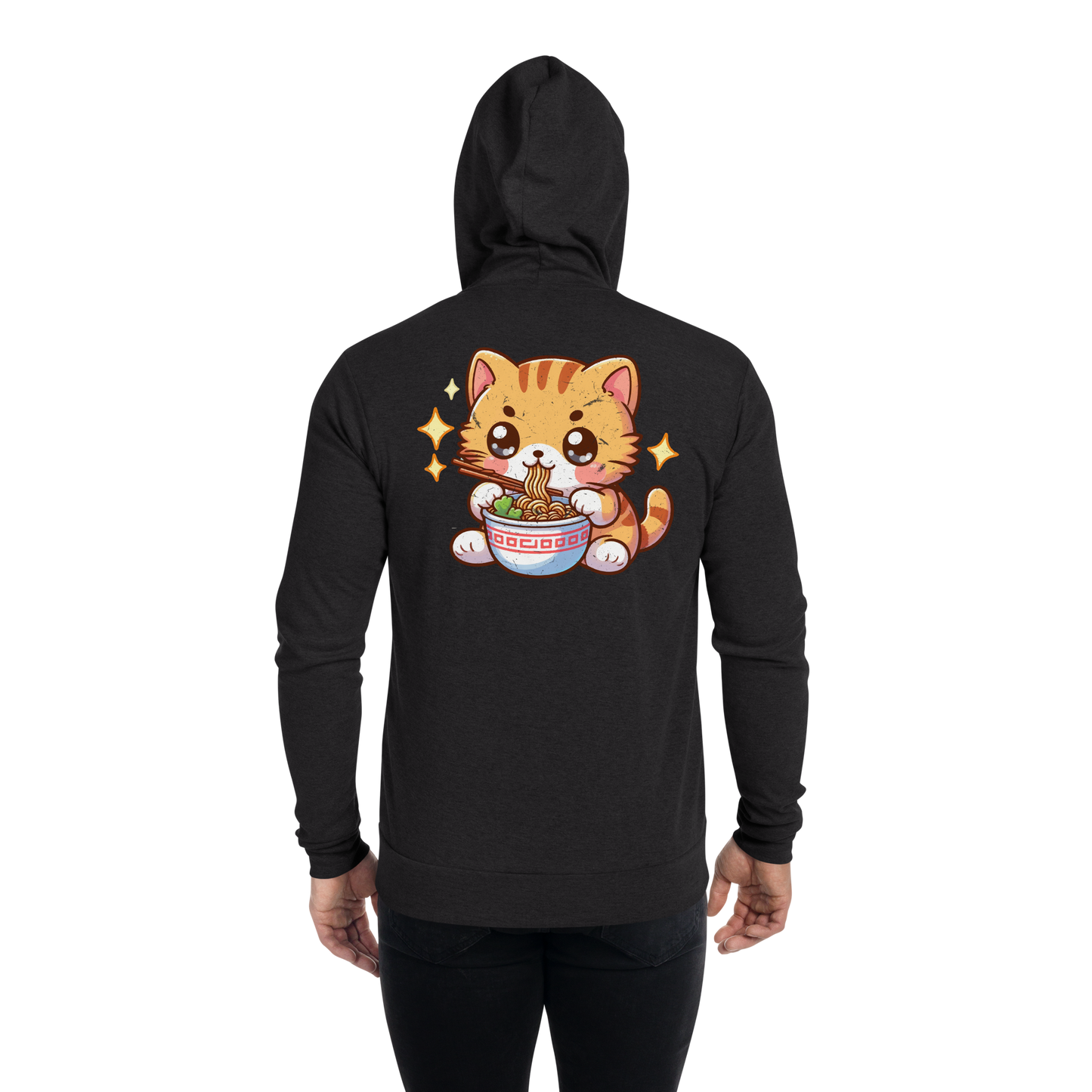 Orange Kitten - Eating Ramen - Lightweight Zip Hoodie