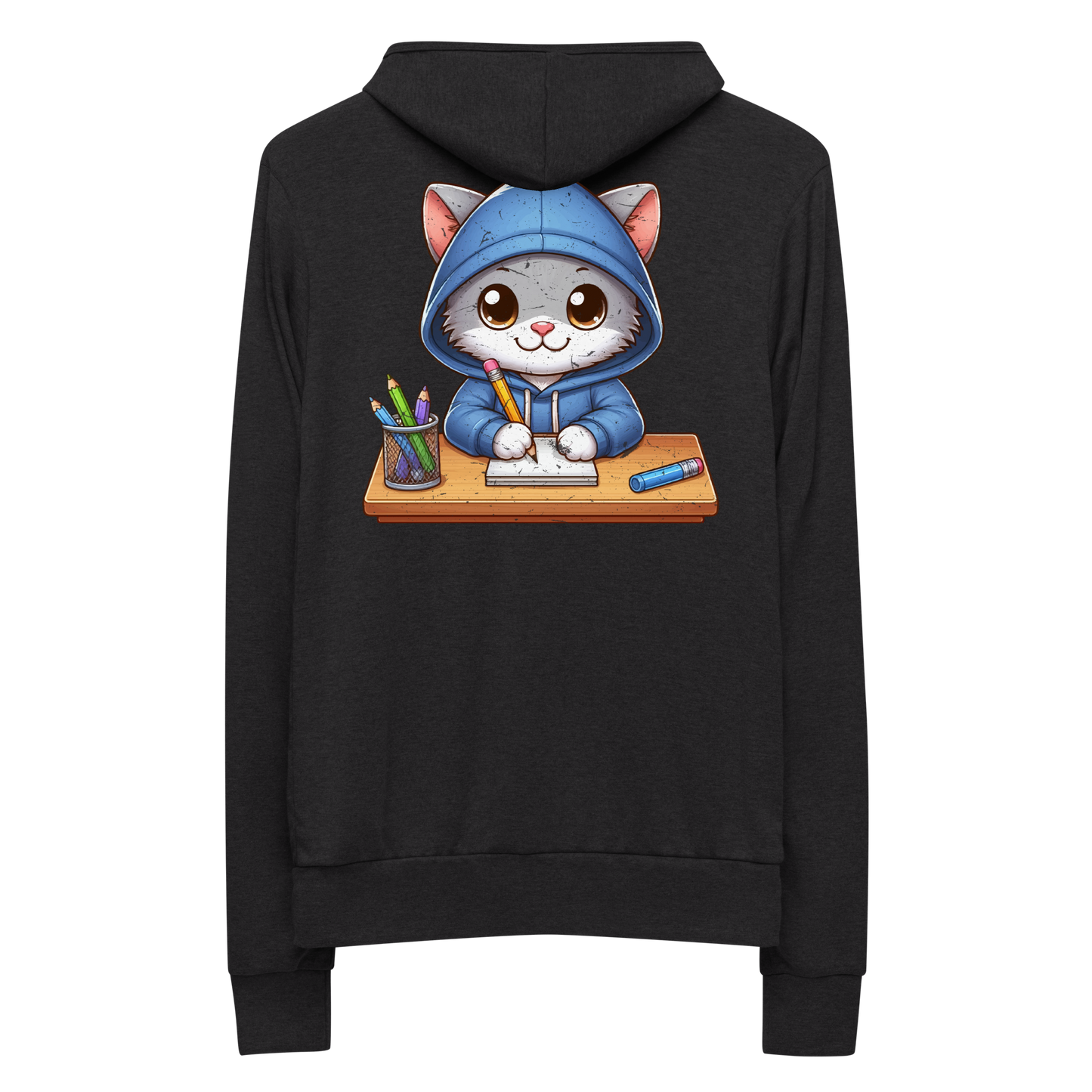 Grey Kitten Doing School - Lightweight Zip Hoodie