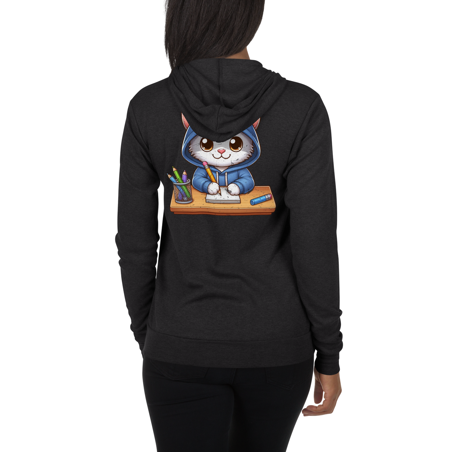 Grey Kitten Doing School - Lightweight Zip Hoodie