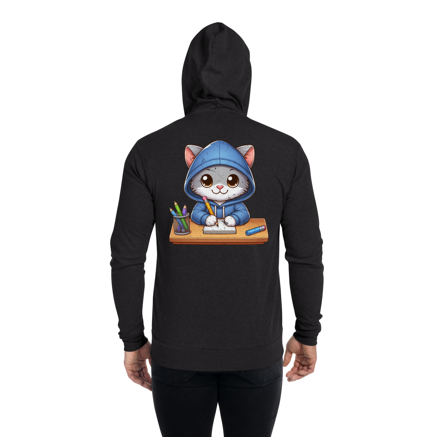 Grey Kitten Doing School - Lightweight Zip Hoodie