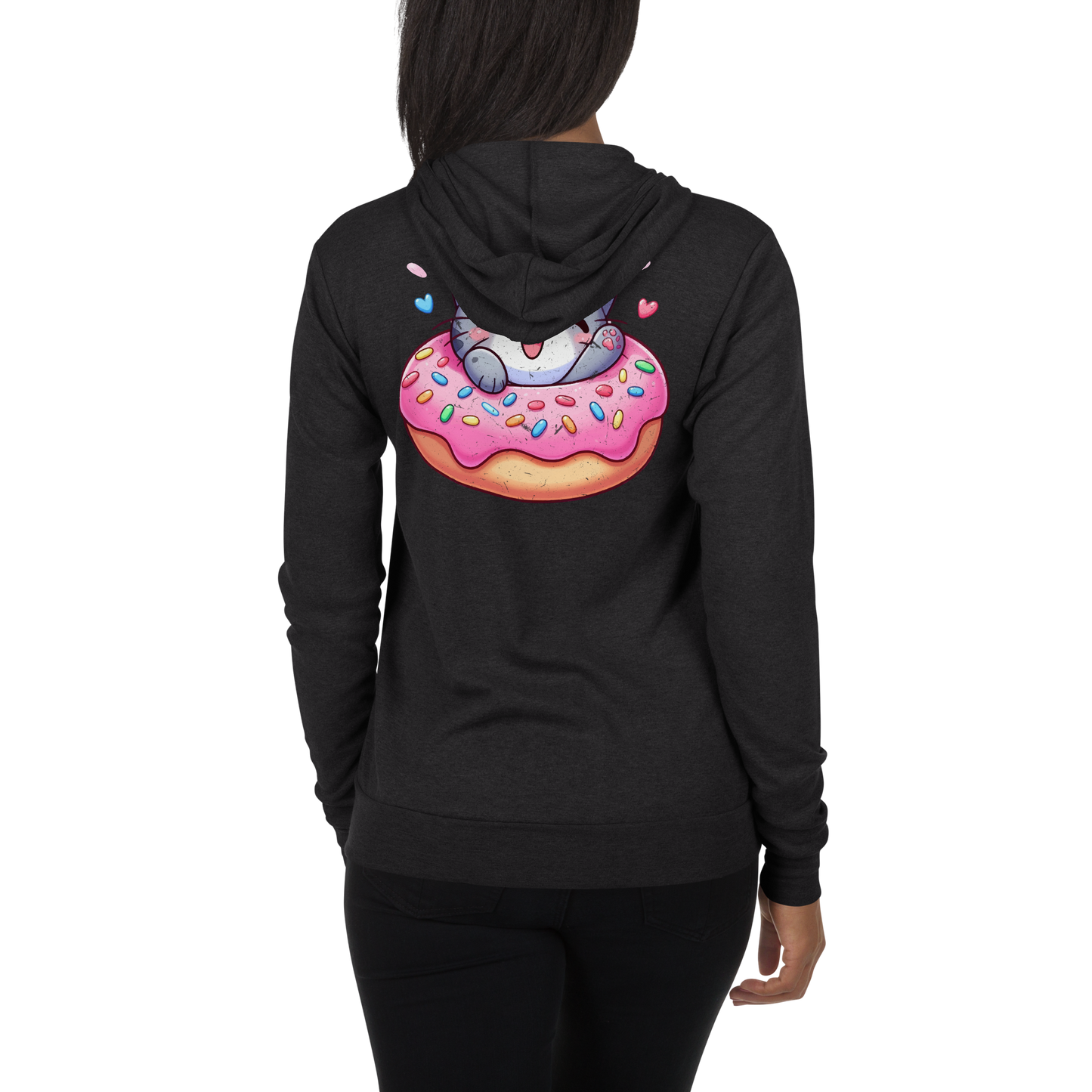Grey Kitten - Laughing in a Donut - Lightweight Zip Hoodie