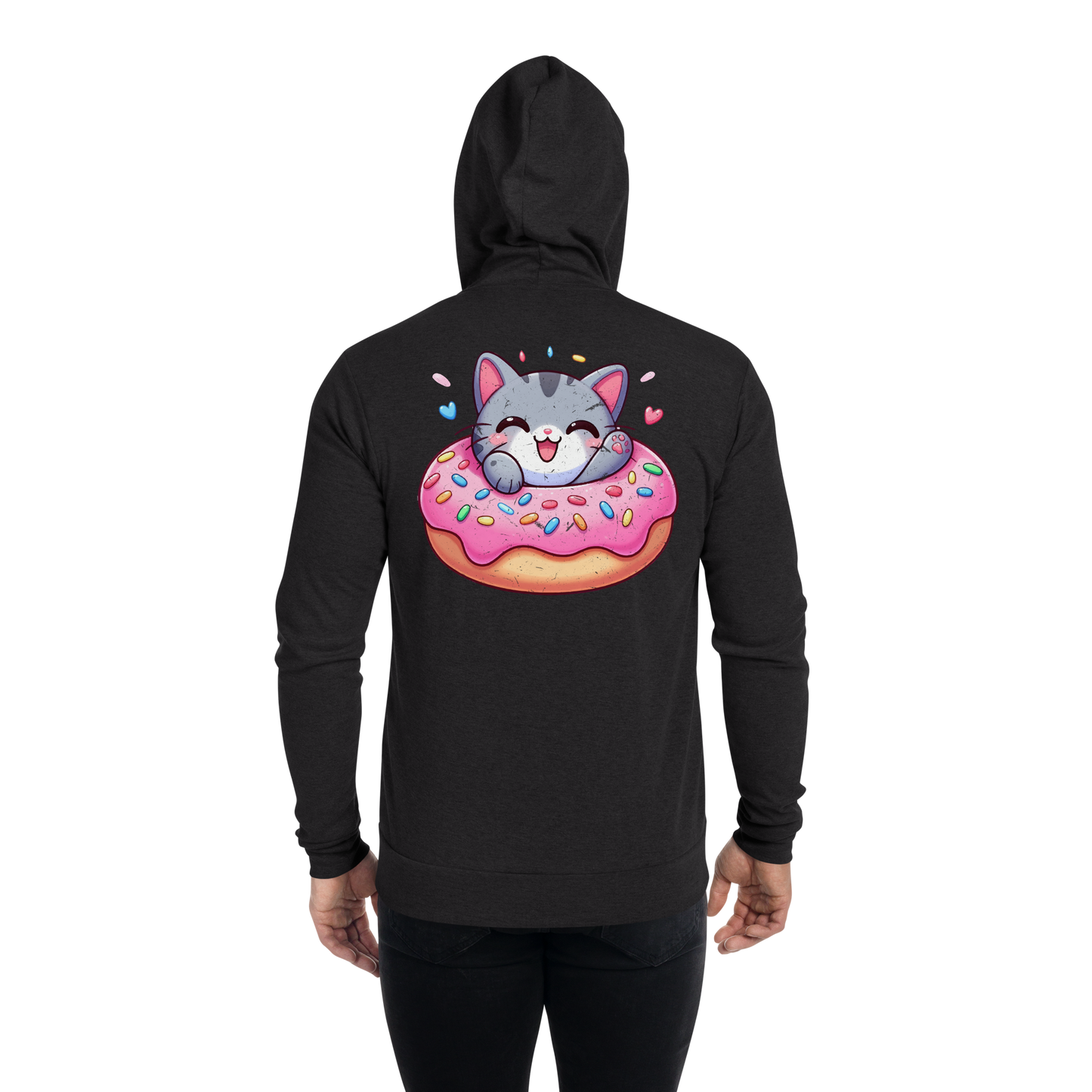 Grey Kitten - Laughing in a Donut - Lightweight Zip Hoodie