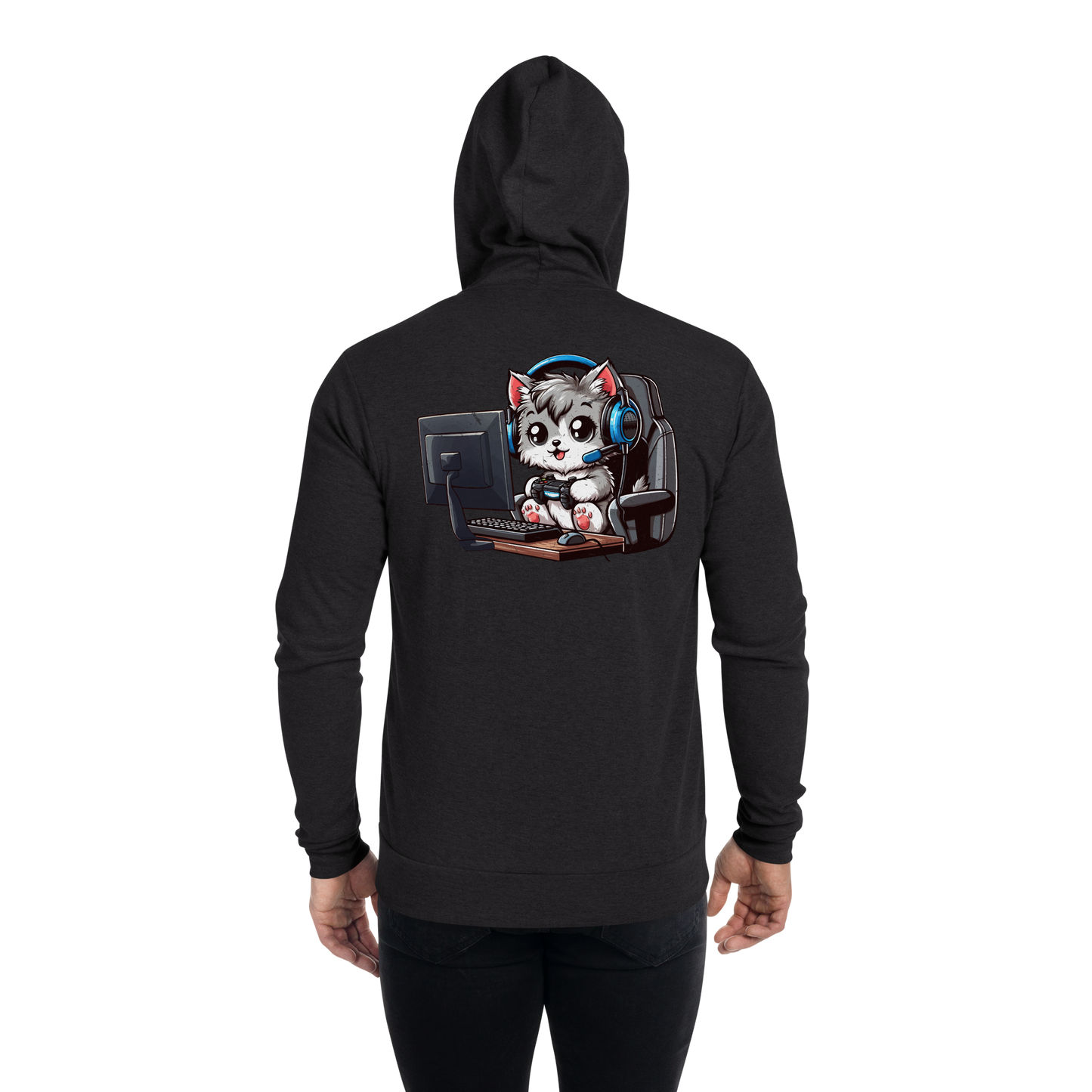 Gamer Kitten - Blue Headset - Lightweight Zip Hoodie