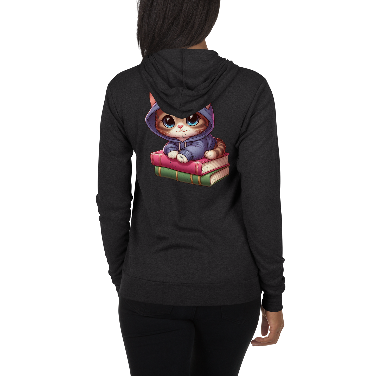 Brown Kitten - Sitting on Books - Lightweight Zip Hoodie