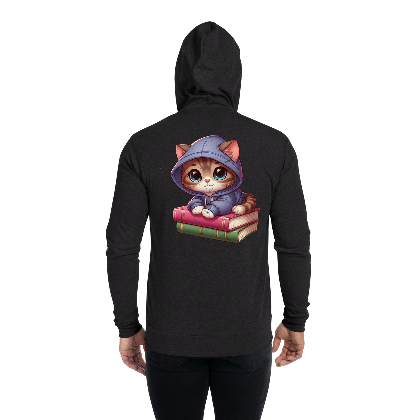 Brown Kitten - Sitting on Books - Lightweight Zip Hoodie