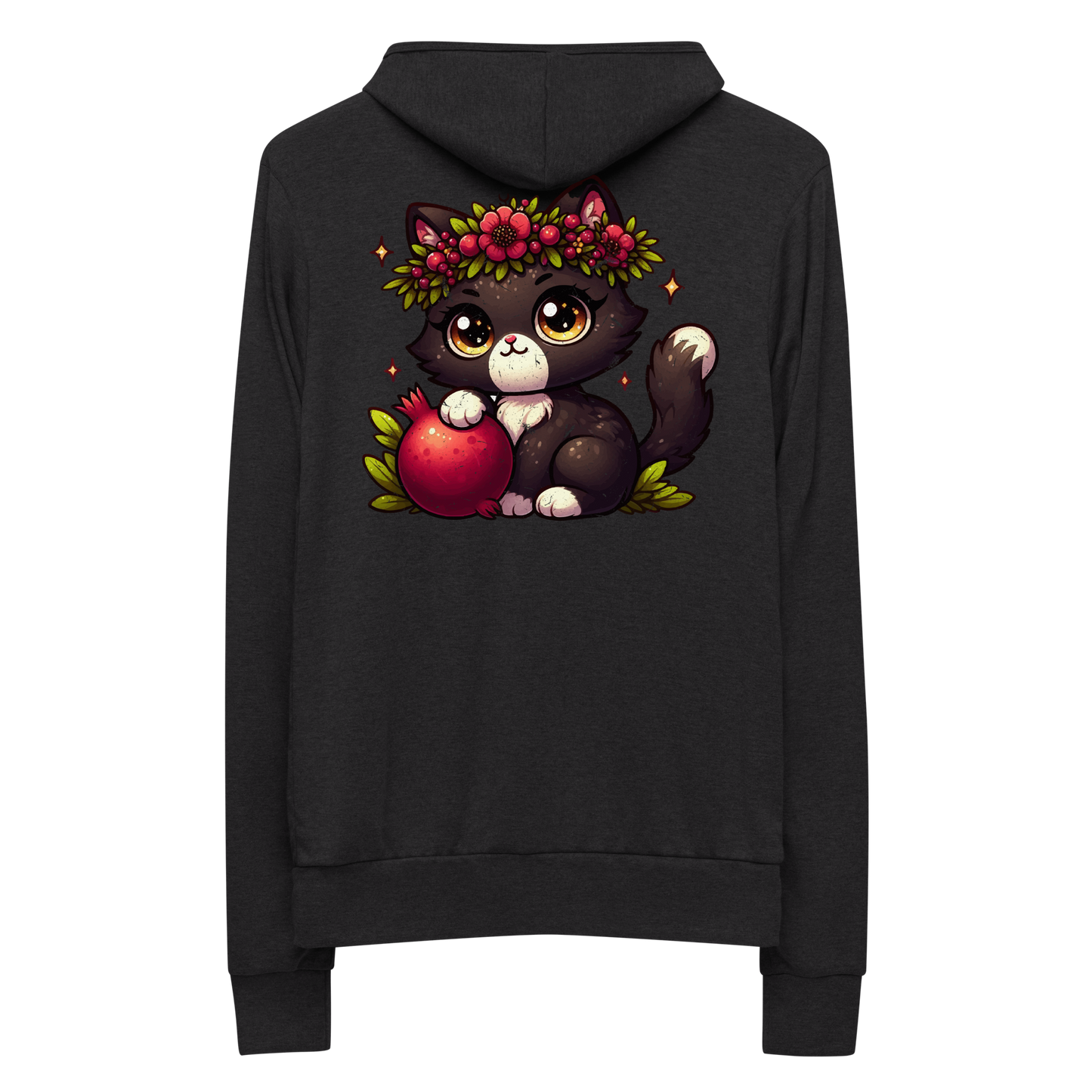 Black Kitten with Red Flowers - Lightweight Zip Hoodie