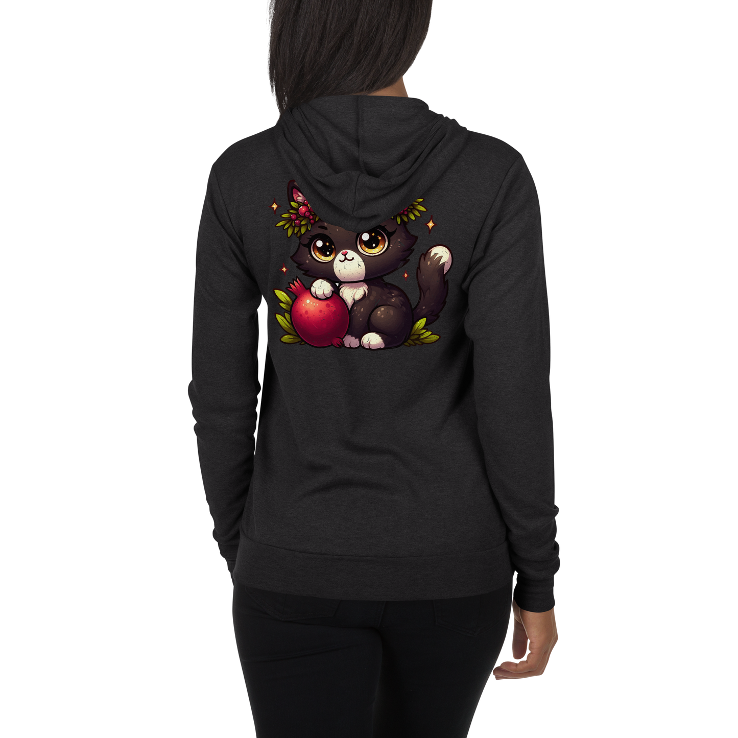 Black Kitten with Red Flowers - Lightweight Zip Hoodie