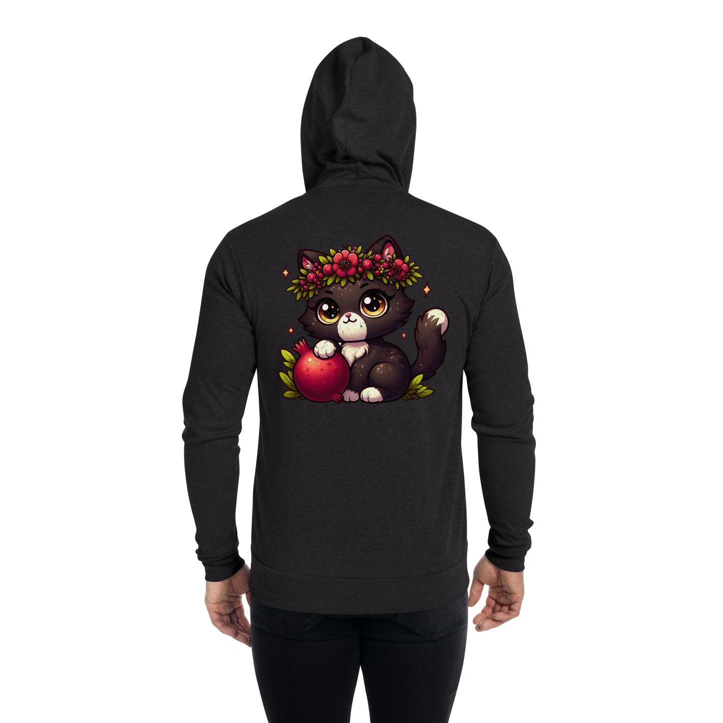 Black Kitten with Red Flowers - Lightweight Zip Hoodie