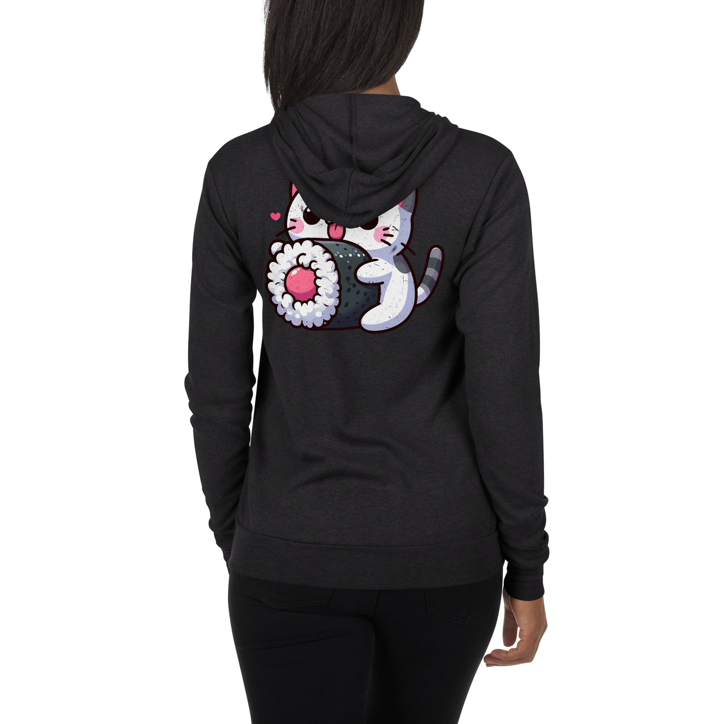 Black and Grey Kitten - Eating Sushi - Lightweight Zip Hoodie