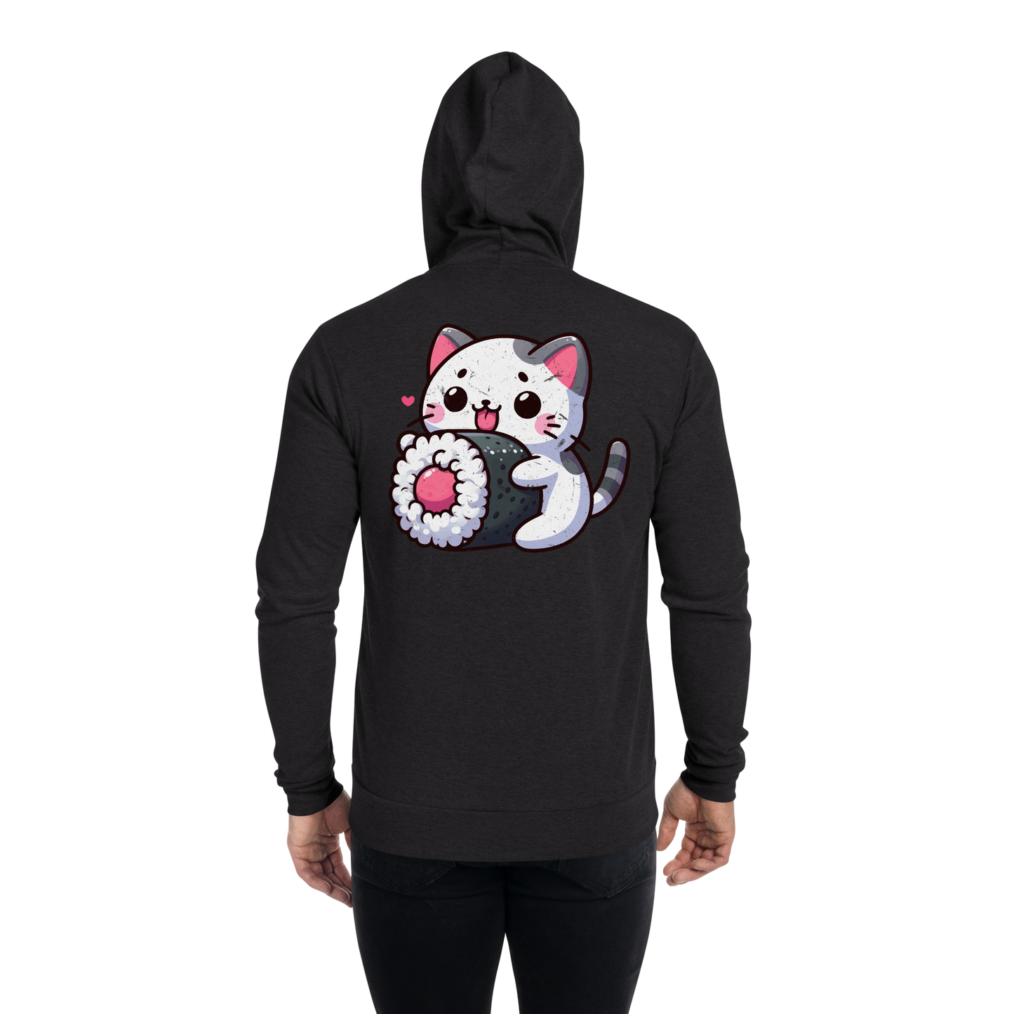Black and Grey Kitten - Eating Sushi - Lightweight Zip Hoodie