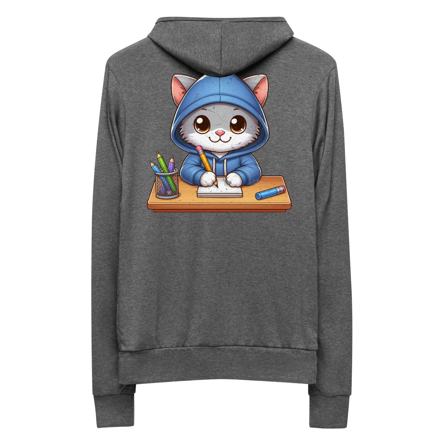 Grey Kitten Doing School - Lightweight Zip Hoodie