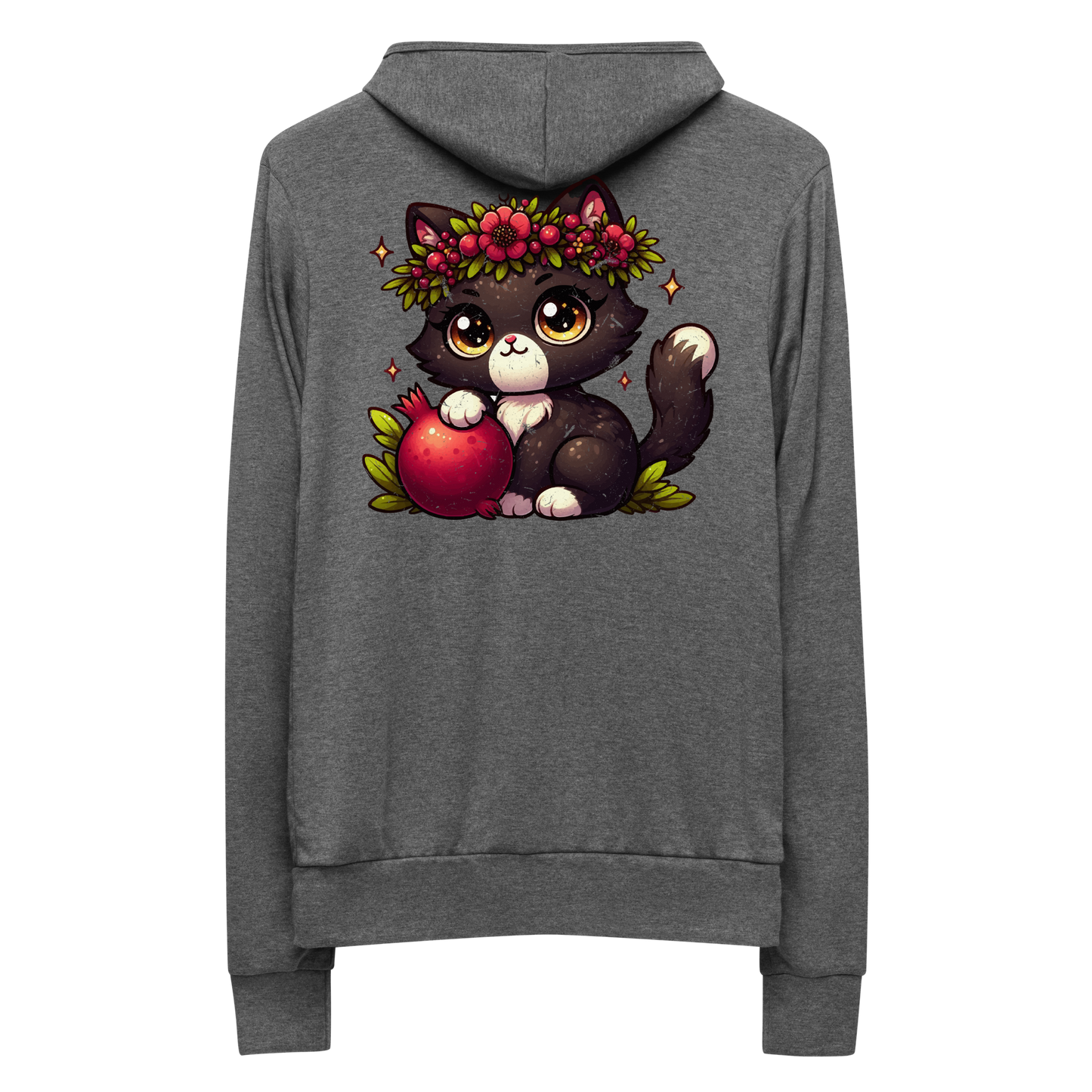Black Kitten with Red Flowers - Lightweight Zip Hoodie