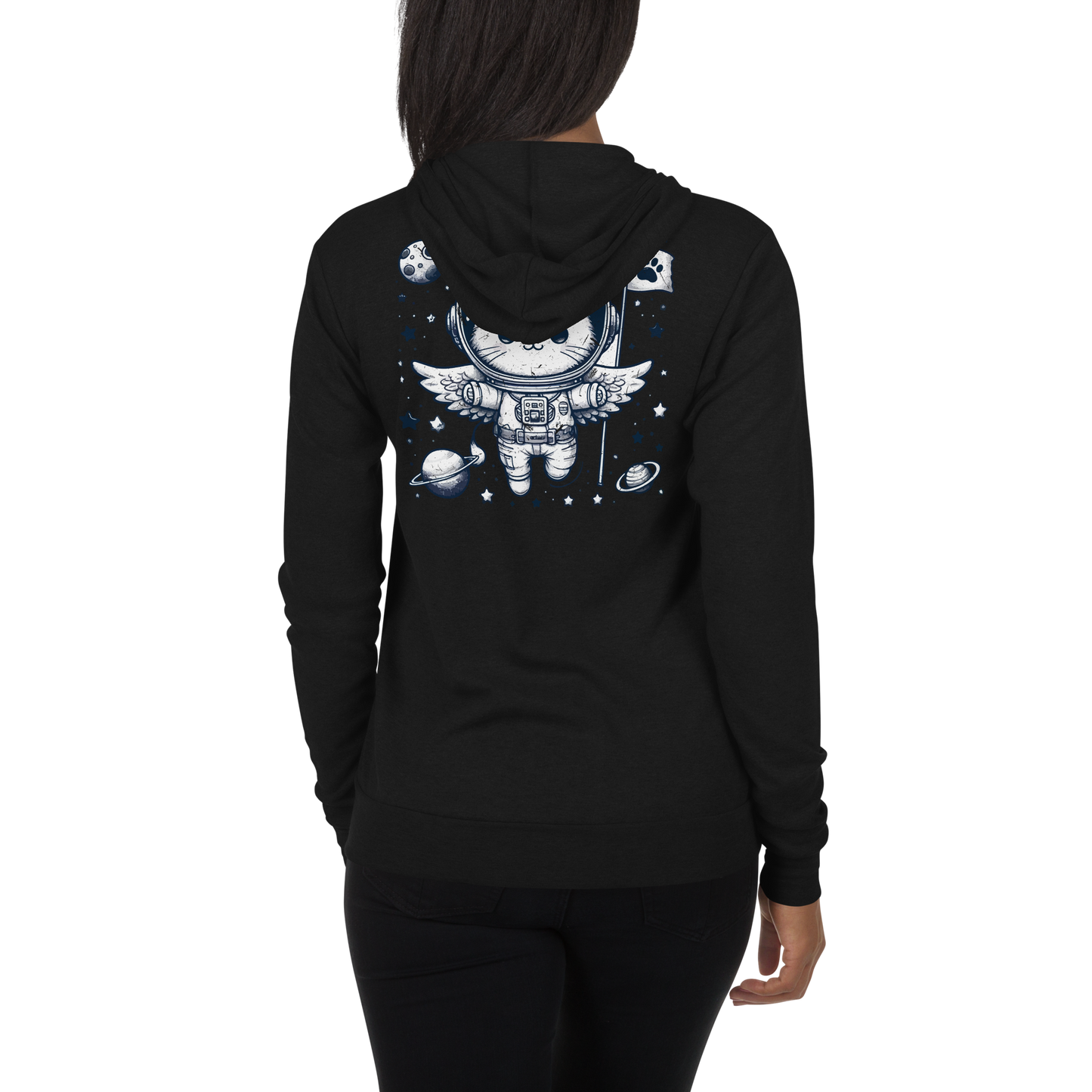 Space Kitten with Stars - Lightweight Zip Hoodie