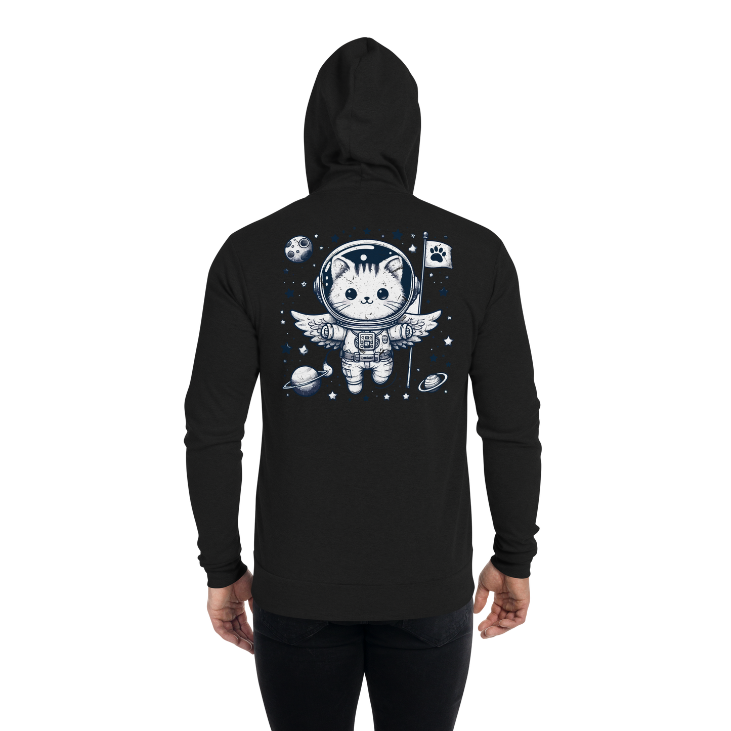 Space Kitten with Stars - Lightweight Zip Hoodie
