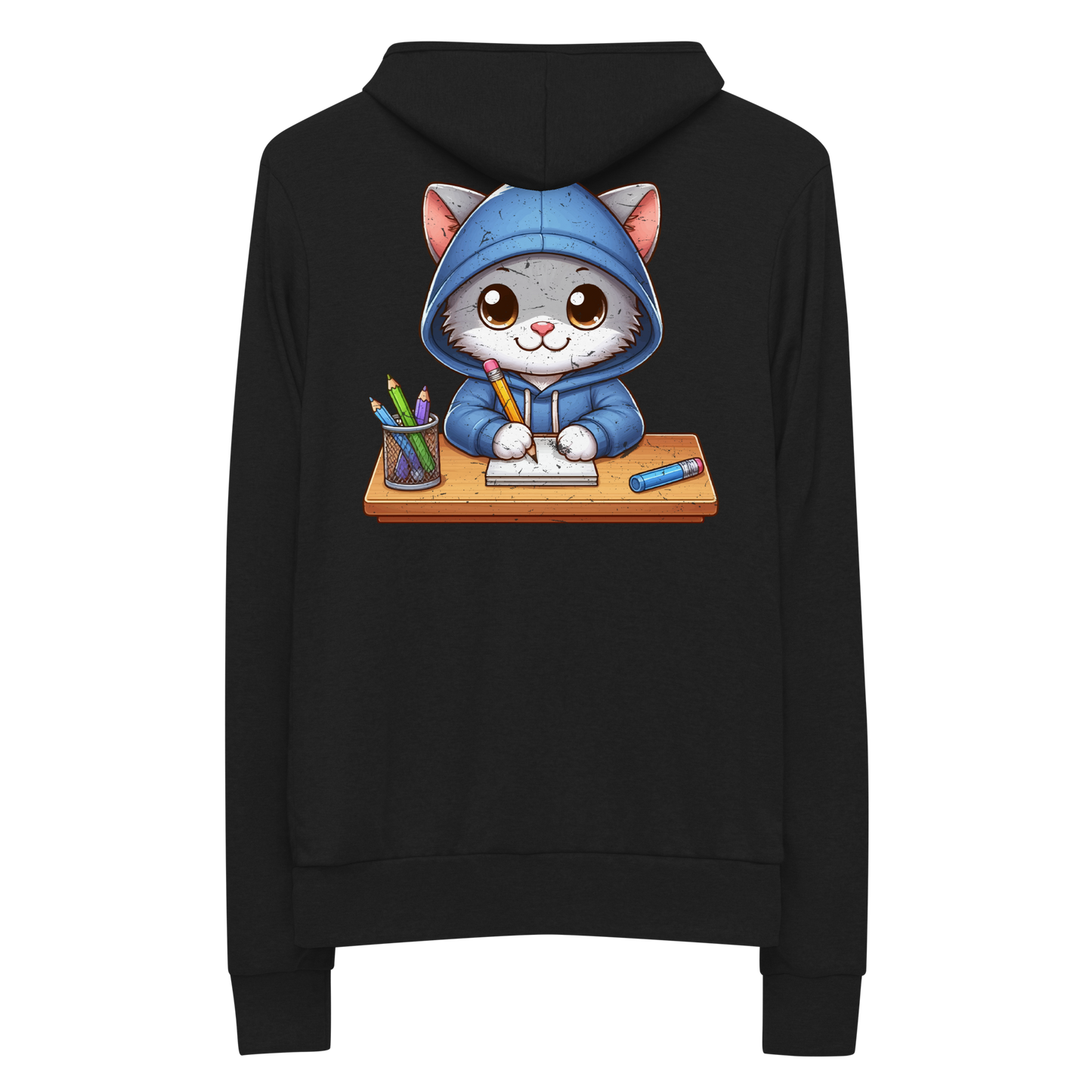 Grey Kitten Doing School - Lightweight Zip Hoodie