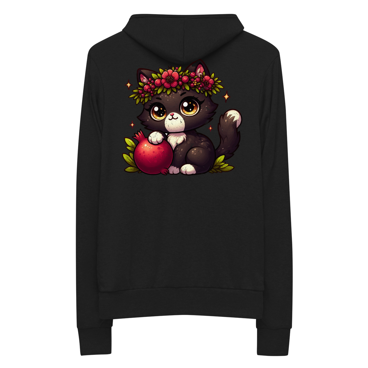 Black Kitten with Red Flowers - Lightweight Zip Hoodie