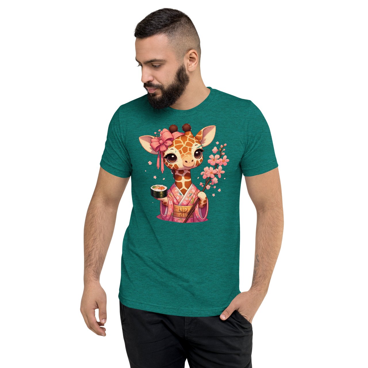 Geisha Giraffe - Holding Cherry Blossoms - Unisex Triblend Tee