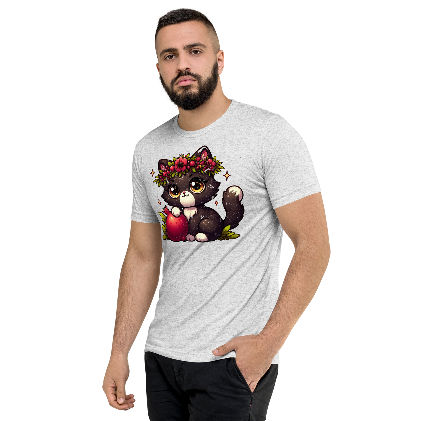Black Kitten with Red Flowers - Unisex Triblend Tee