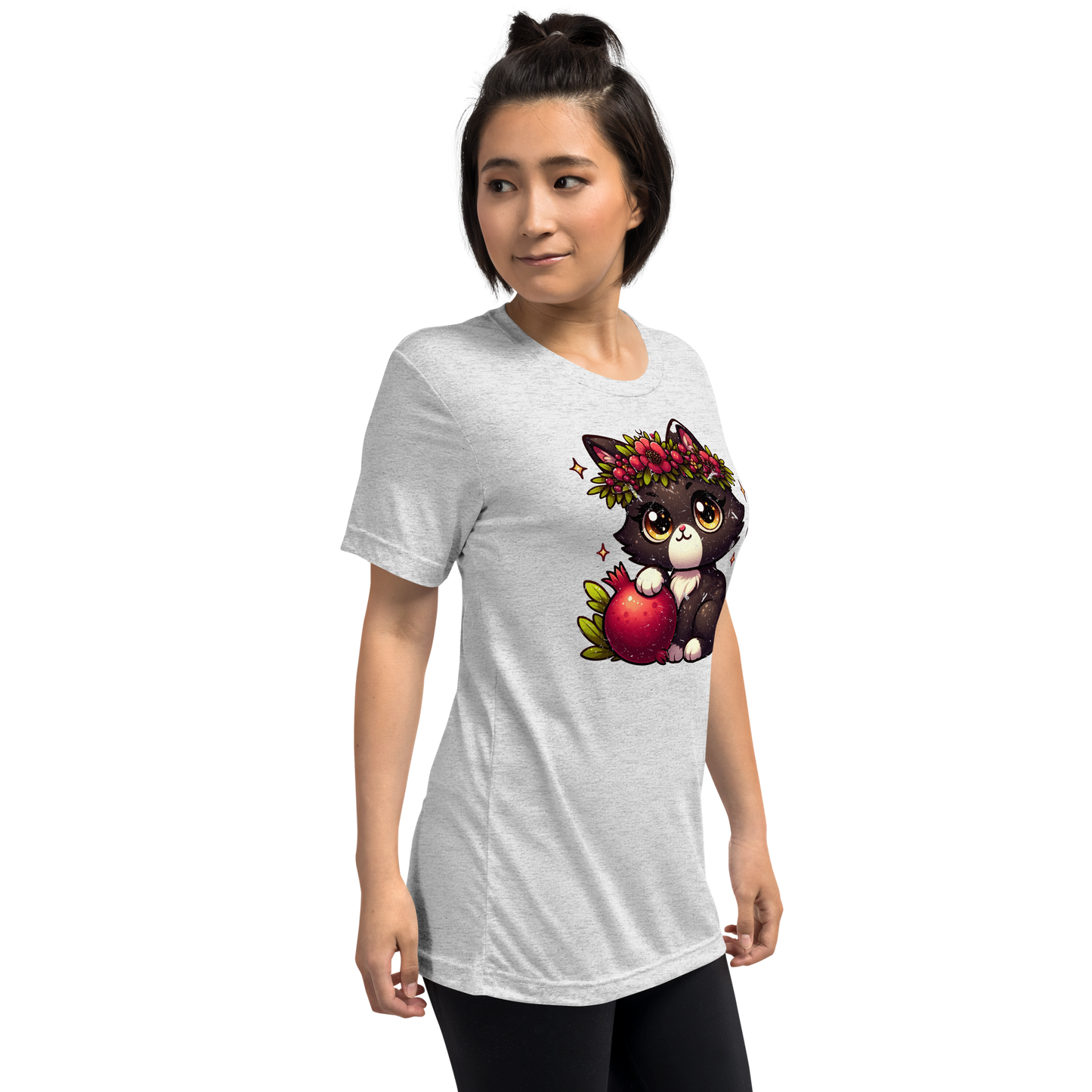 Black Kitten with Red Flowers - Unisex Triblend Tee